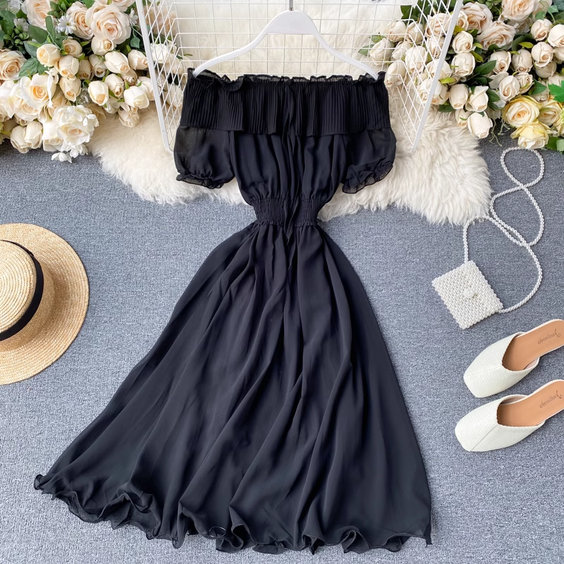 Stylish Women's Summer Pleated Chiffon Skirt with Ruffled Off-Shoulder Design - Perfect for Beach Vacations, Date Nights & Casual Outings