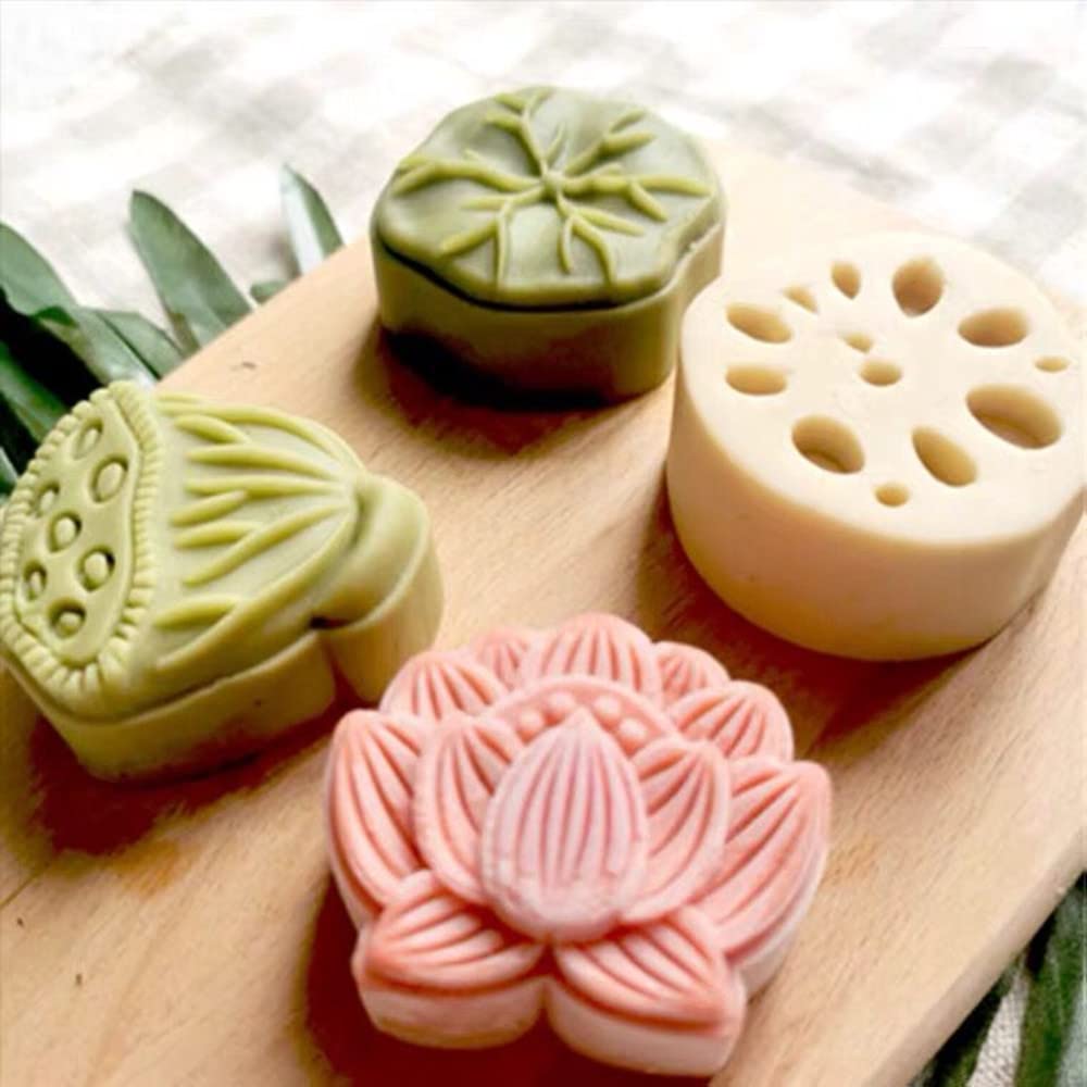 4Pcs Silicone Cake Fondant Molds - Mooncake, Chocolate, Candy, Polymer Clay, Sugar Craft, Ice Cube & Soap Decorations (Lotus Pond Moonlight Design) | Perfect for Baking, DIY Crafts & Home Decor