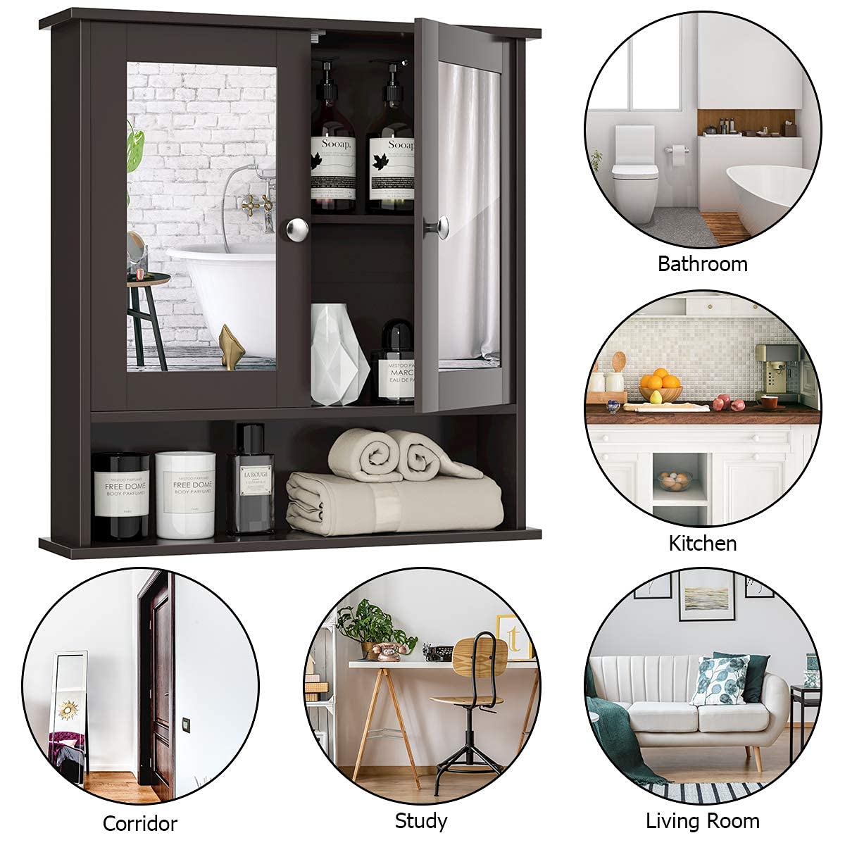 Wall Mounted Wooden Bathroom Cabinet with Double Mirror Doors - Over Toilet Storage Organizer with Round Knobs - Space Saving Bathroom, Kitchen & Bedroom Storage Solution (Brown) - Perfect for Small Bathrooms, Apartment Living and Clutter-Free Organization