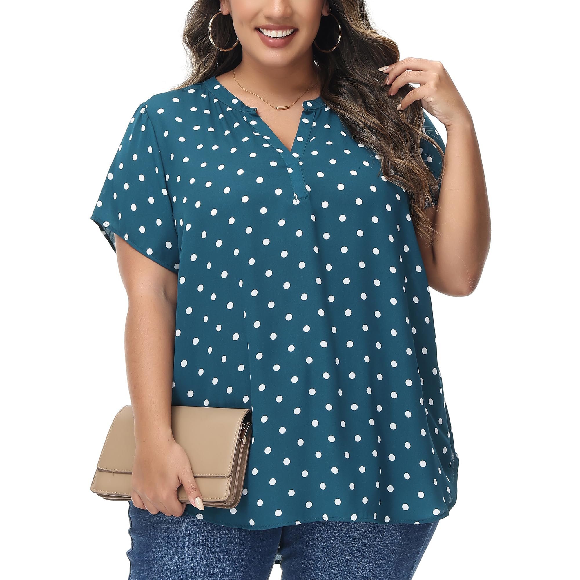 MCEDAR Plus Size Women's Chiffon Blouse - Short Sleeve V-Neck Floral Print Casual & Work Tops for Summer | Office Wear, Date Night, Outdoor Events