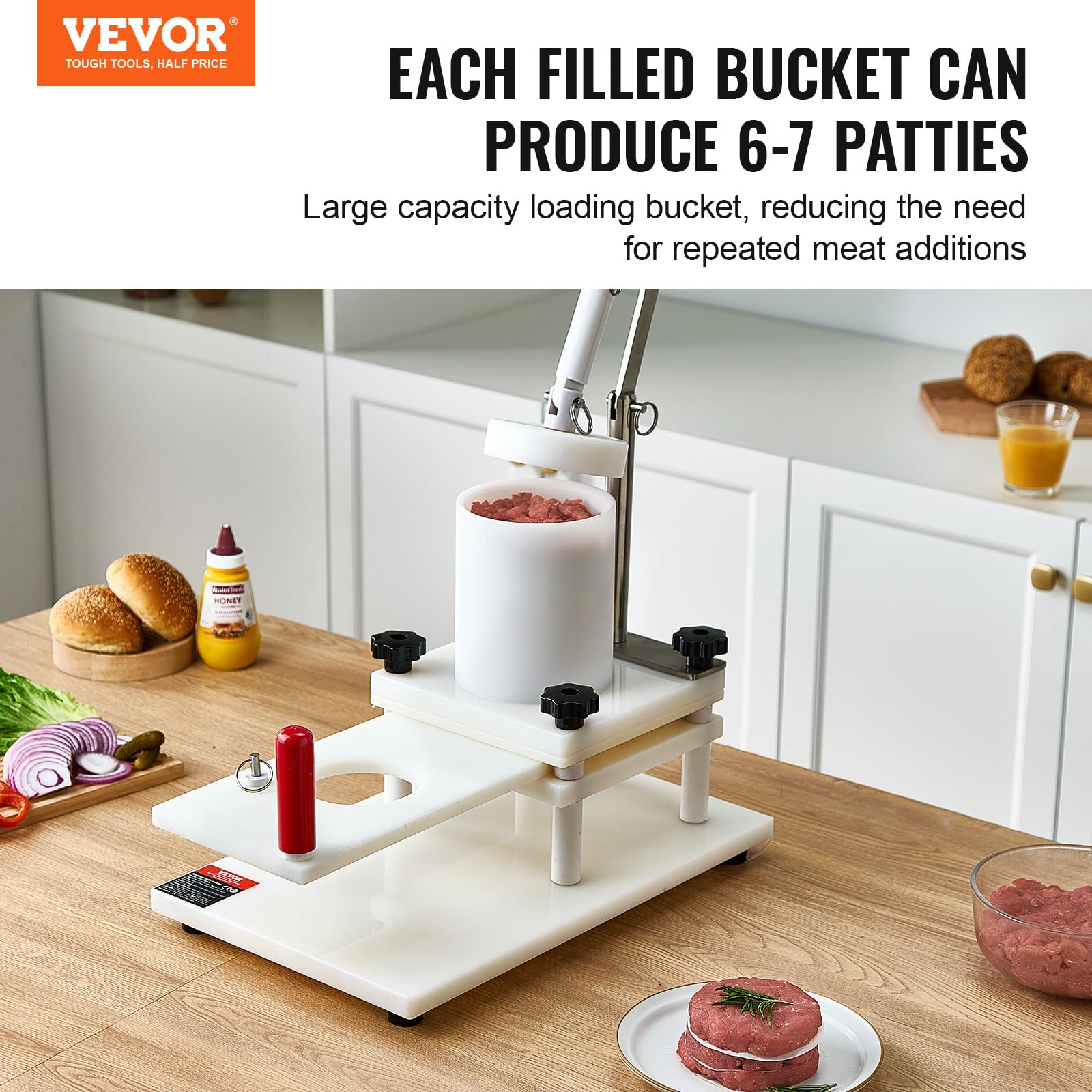 VEVOR Commercial Hamburger Patty Maker Machine - 3 Convertible Molds (2/4/5-inch) for Beef, Chicken & Veggie Patties - 1.5KG Large Capacity Hopper with Handle & Patty Paper - Perfect for Restaurants, Food Trucks & Home BBQ Parties