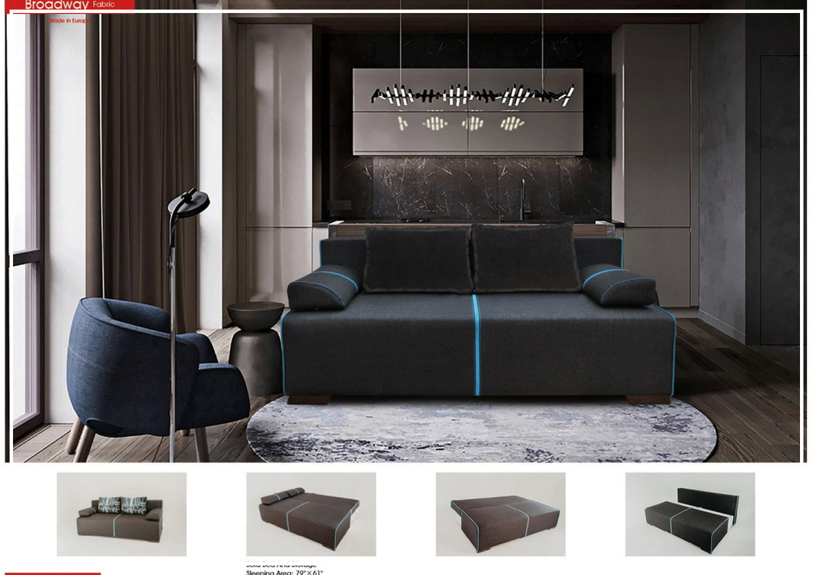 ESF Broadway Dark Gray Fabric Sofa Bed with Storage - Convertible Sleeper Sofa for Small Spaces, Guest Room & Apartment Living