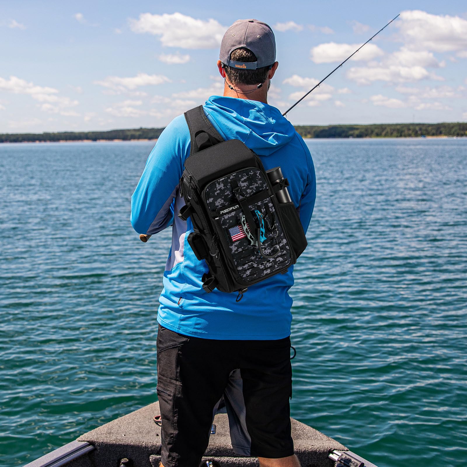 **Piscifun Fishing Sling Tackle Bag with Rod Holder & Gear Storage - Lightweight Waterproof Sling Pack with Rain Cover - Perfect for Outdoor Fishing, Hiking & Travel - Black & Camouflage**