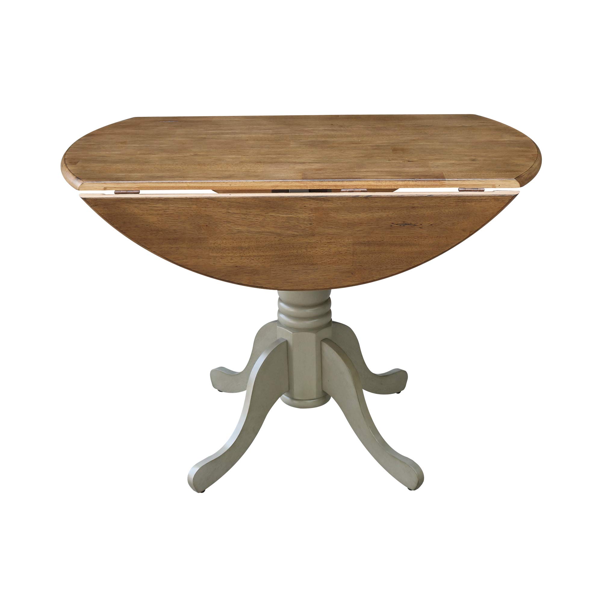 IC International Concepts 42-Inch Round Dual Drop Leaf Pedestal Dining Table - Solid Real Parawood with Distressed Hickory/Stone Finish | Perfect for Small Spaces, Kitchen Nooks & Cozy Dining Rooms