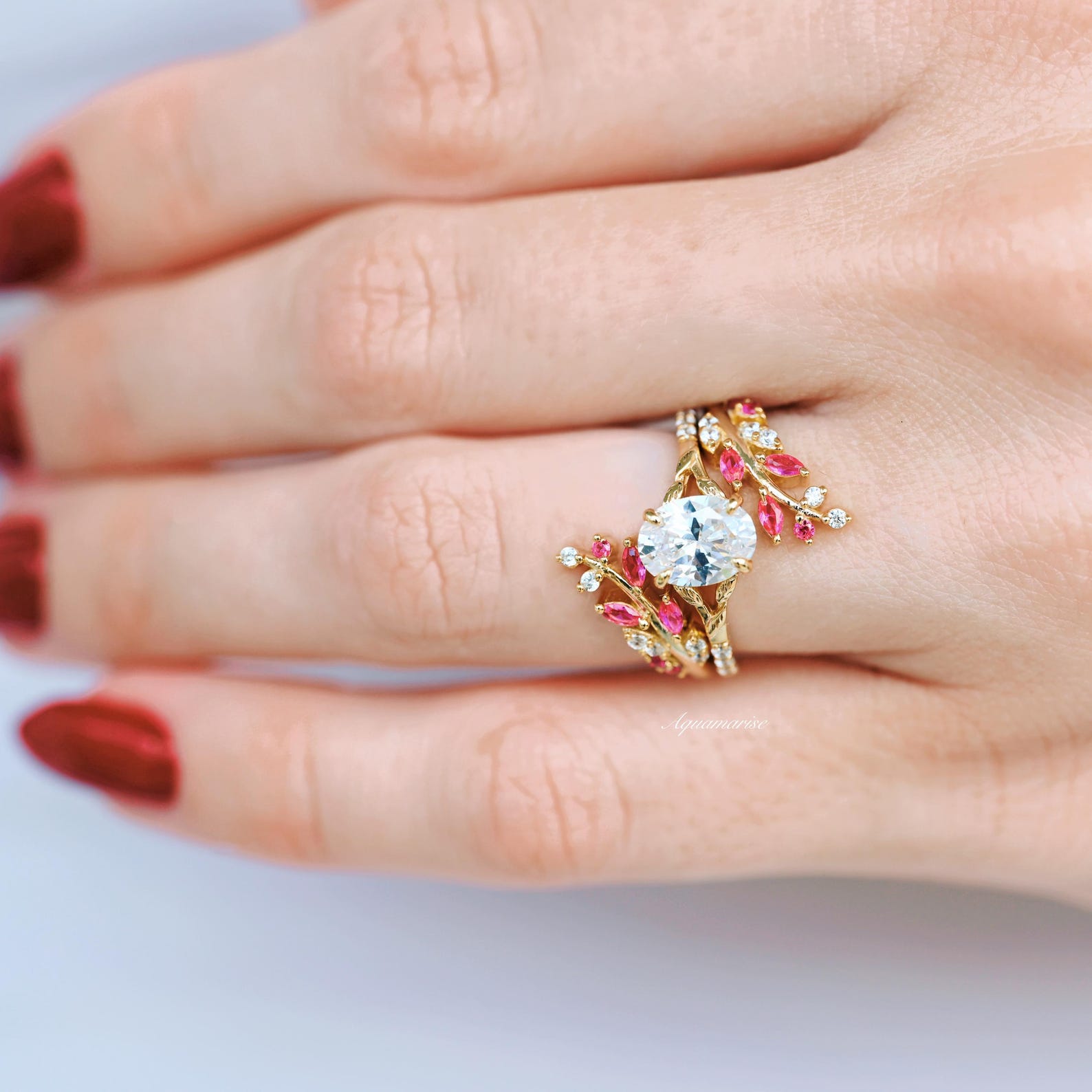 14K Yellow Gold Vermeil Ruby & Diamond (CZ) Leaf Engagement Ring Set - Perfect for Proposals, Anniversaries, and Special Occasions