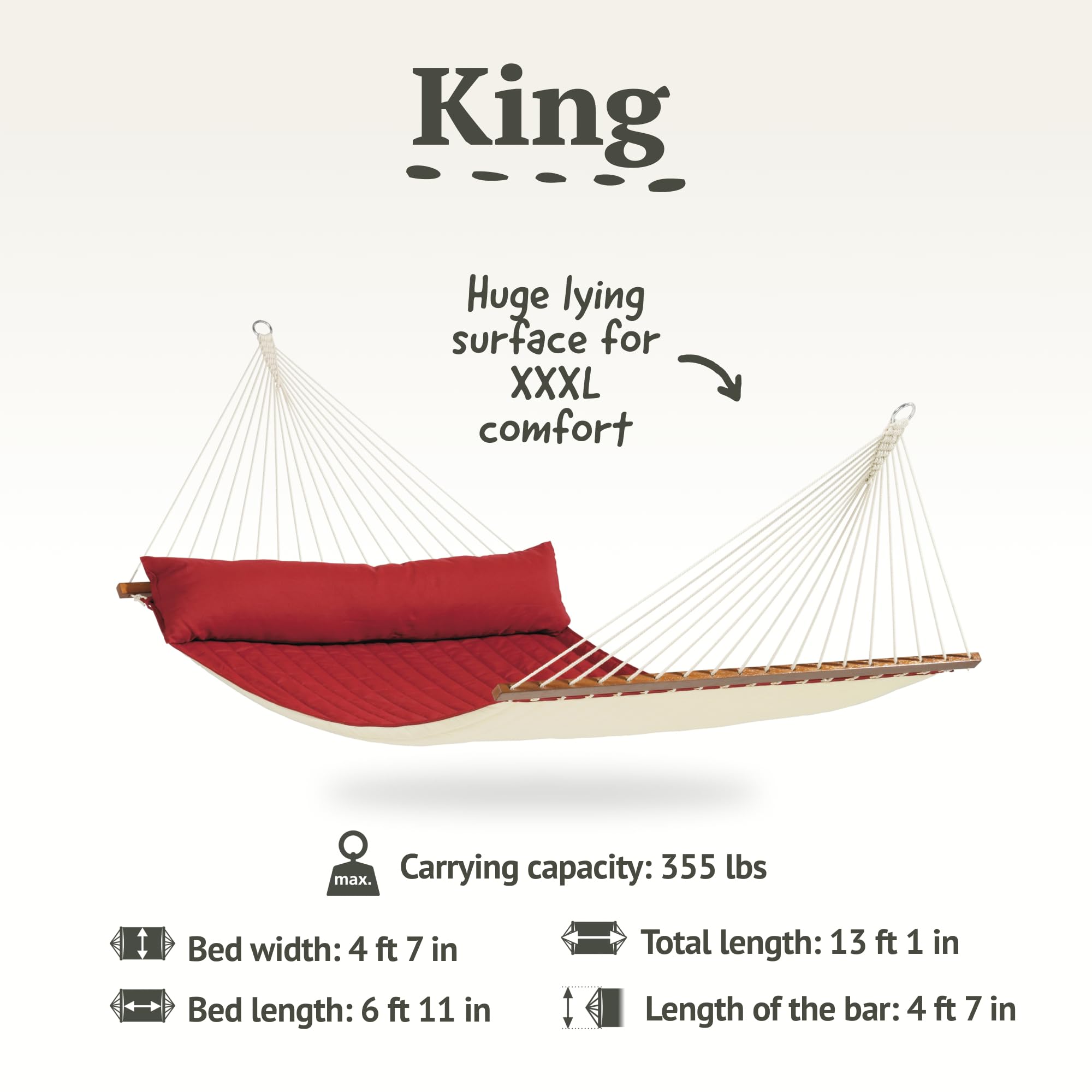 LA SIESTA® Alabama Quilted Double Hammock with Spreader Bar - Weatherproof Outdoor 2-Person Hammock Bed, XL King Size in Red Pepper - Includes Tree Straps for Beams & Posts - Perfect for Backyard Relaxation, Camping & Beach Lounging