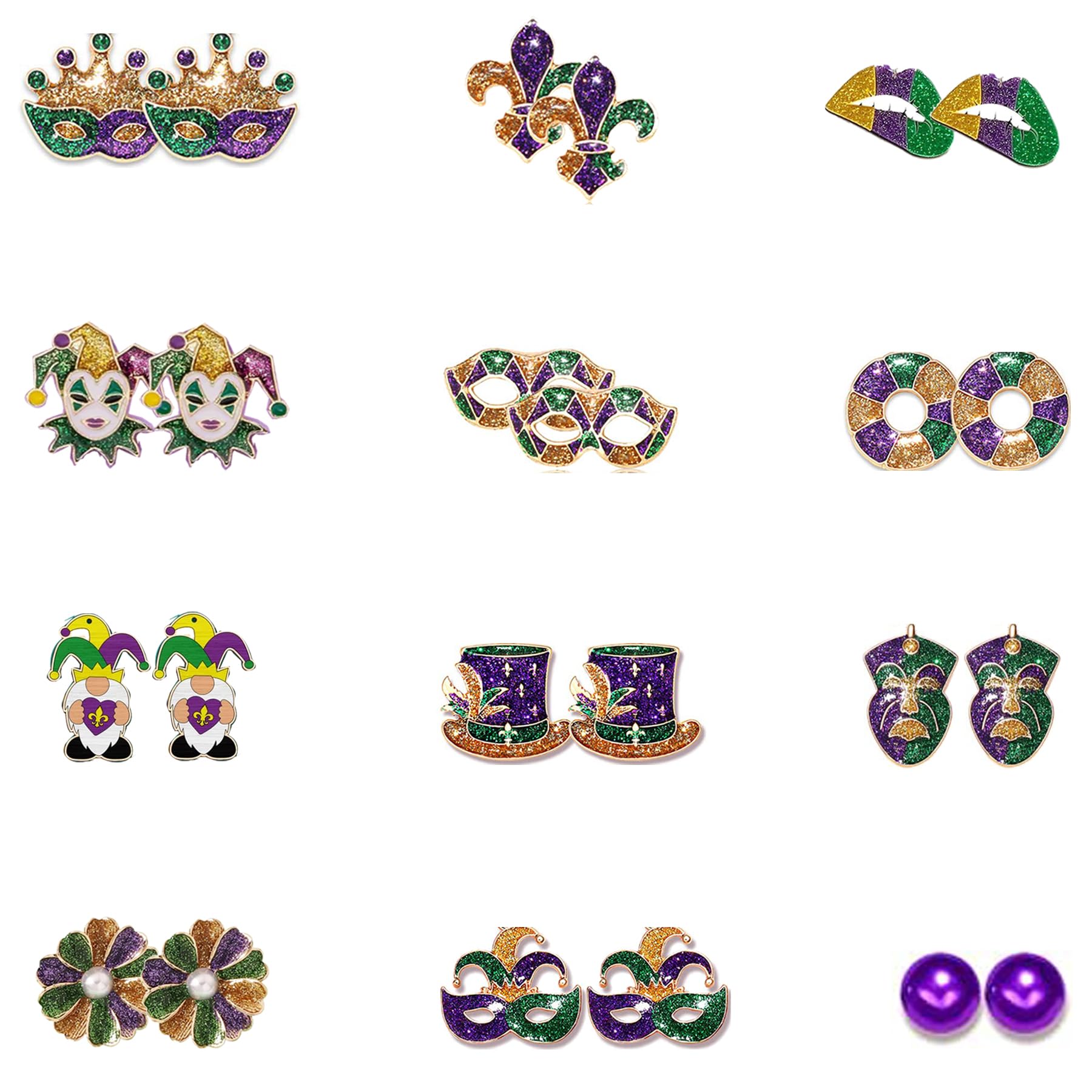 12 Pairs Hypoallergenic Mardi Gras Stud Earrings for Women & Teens - Carnival Mask, Jester & Fleur de Lis Designs - Perfect for Mardi Gras Parties, Parades & Costume Jewelry Gifts