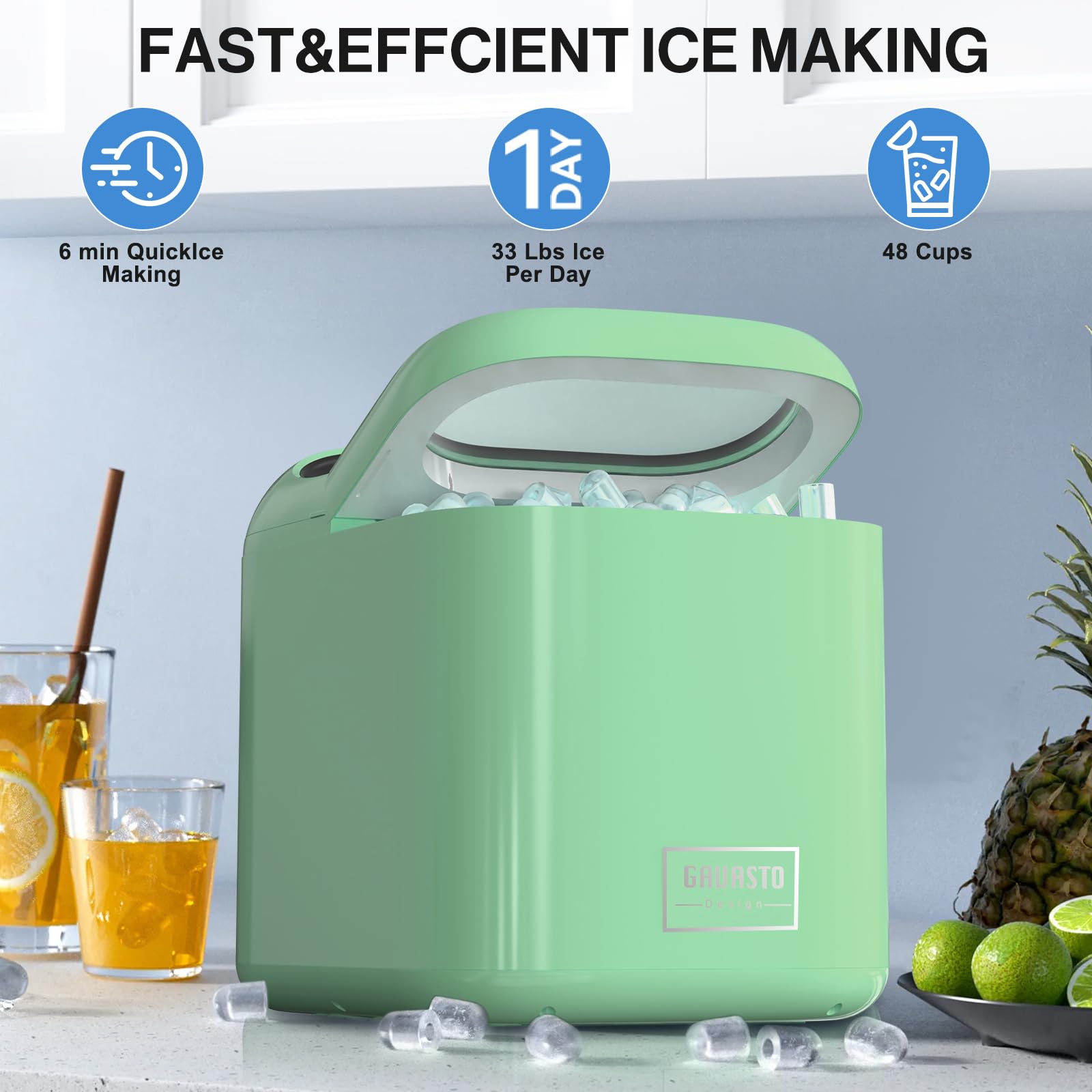Portable Countertop Ice Maker - 9 Ice Cubes in 6 Minutes, 33lbs/Day Capacity, One-Touch Operation & Self-Cleaning Function with Ice Scoop & Basket for Home, Kitchen, Office, Bar, RV, Parties (Green)