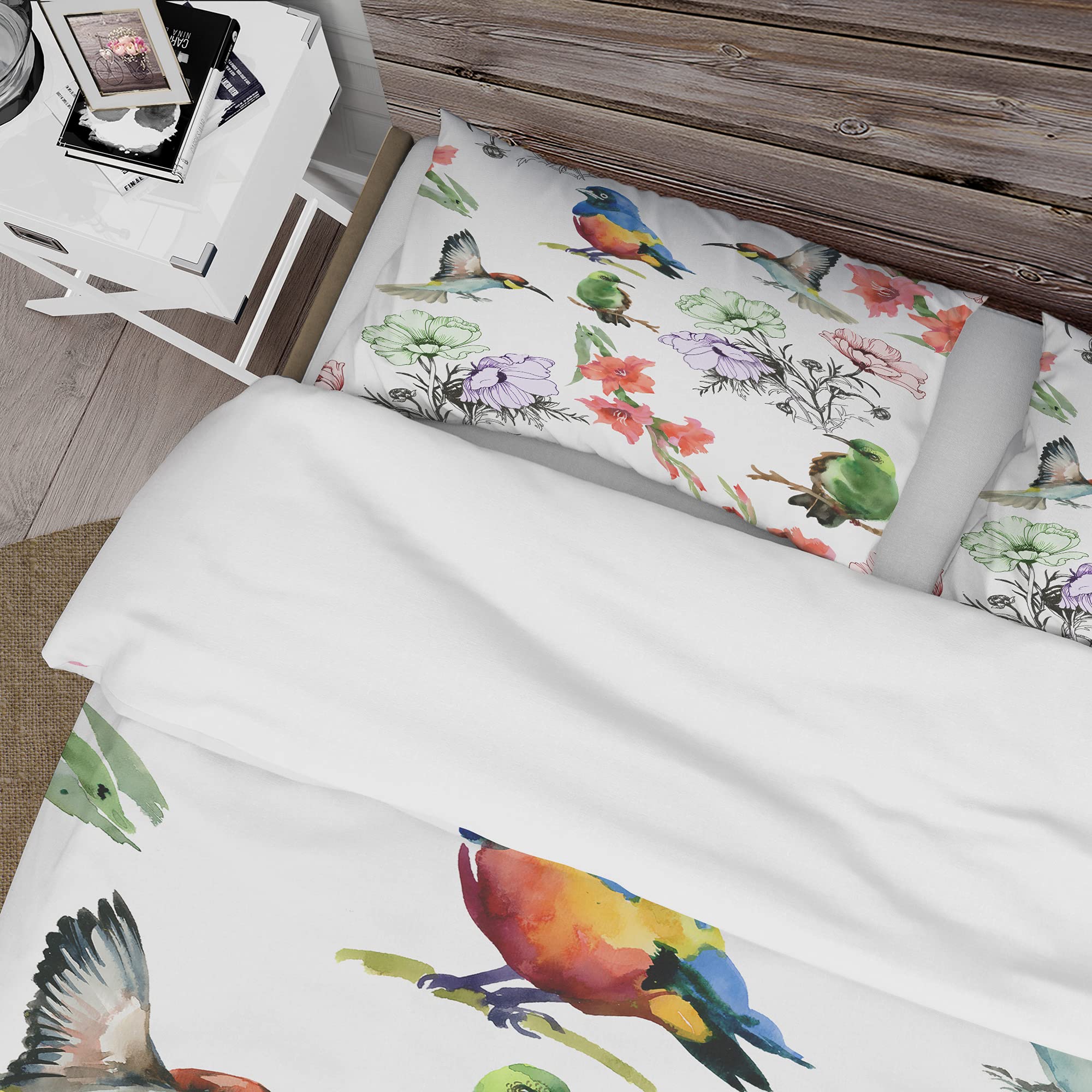 Hummingbirds and Blossoming Flowers Traditional Duvet Cover Set - King Size Green Floral Bedding (3-Piece) | All-Season Luxury Bedroom Decor for Master Bedroom or Guest Room