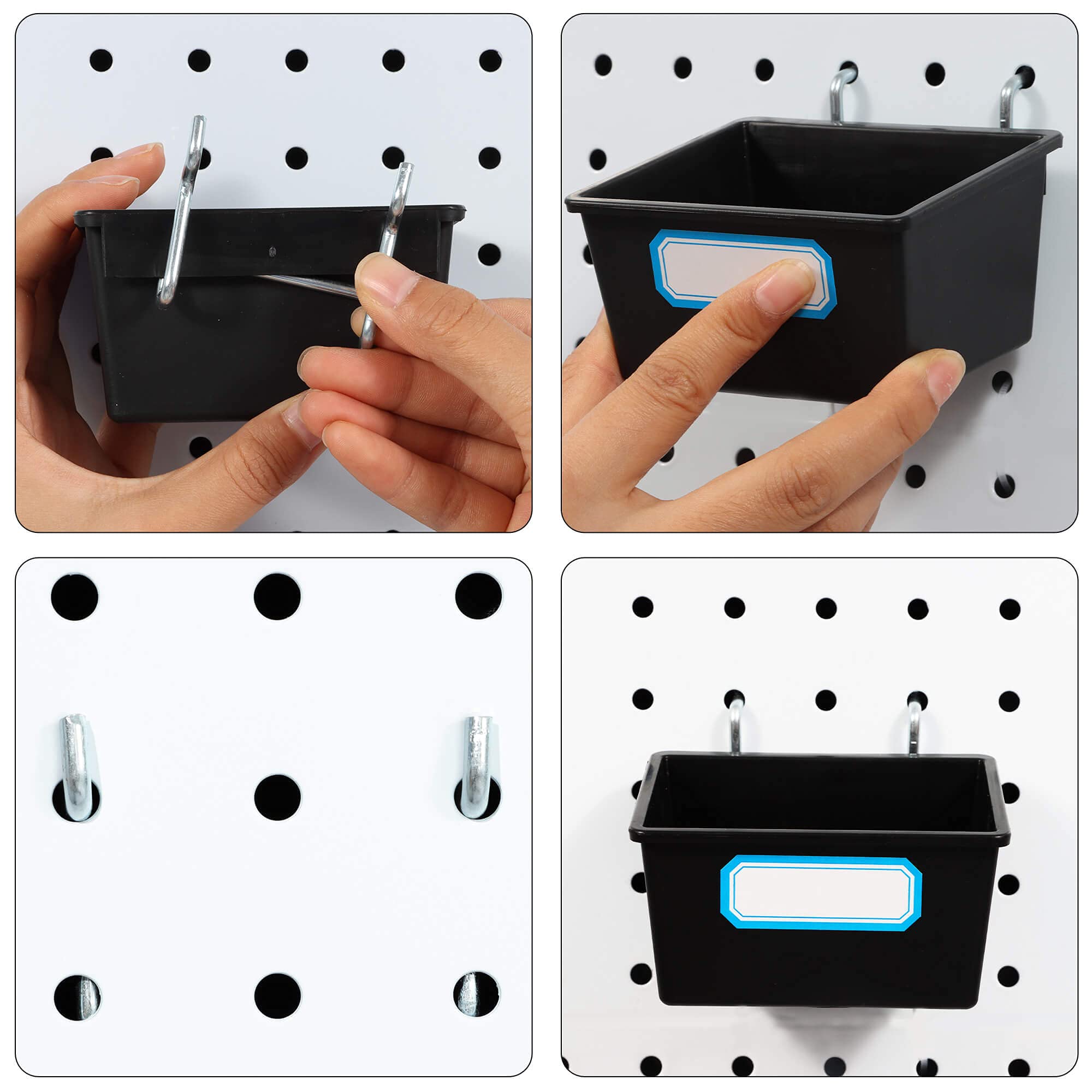 FRIMOONY 16 Pack Black Pegboard Bins with Hooks & Labels - Wall Mount Storage Organizer for Tools, Craft Supplies, Garage & Workshop Organization - Perfect for Home, Office & DIY Projects