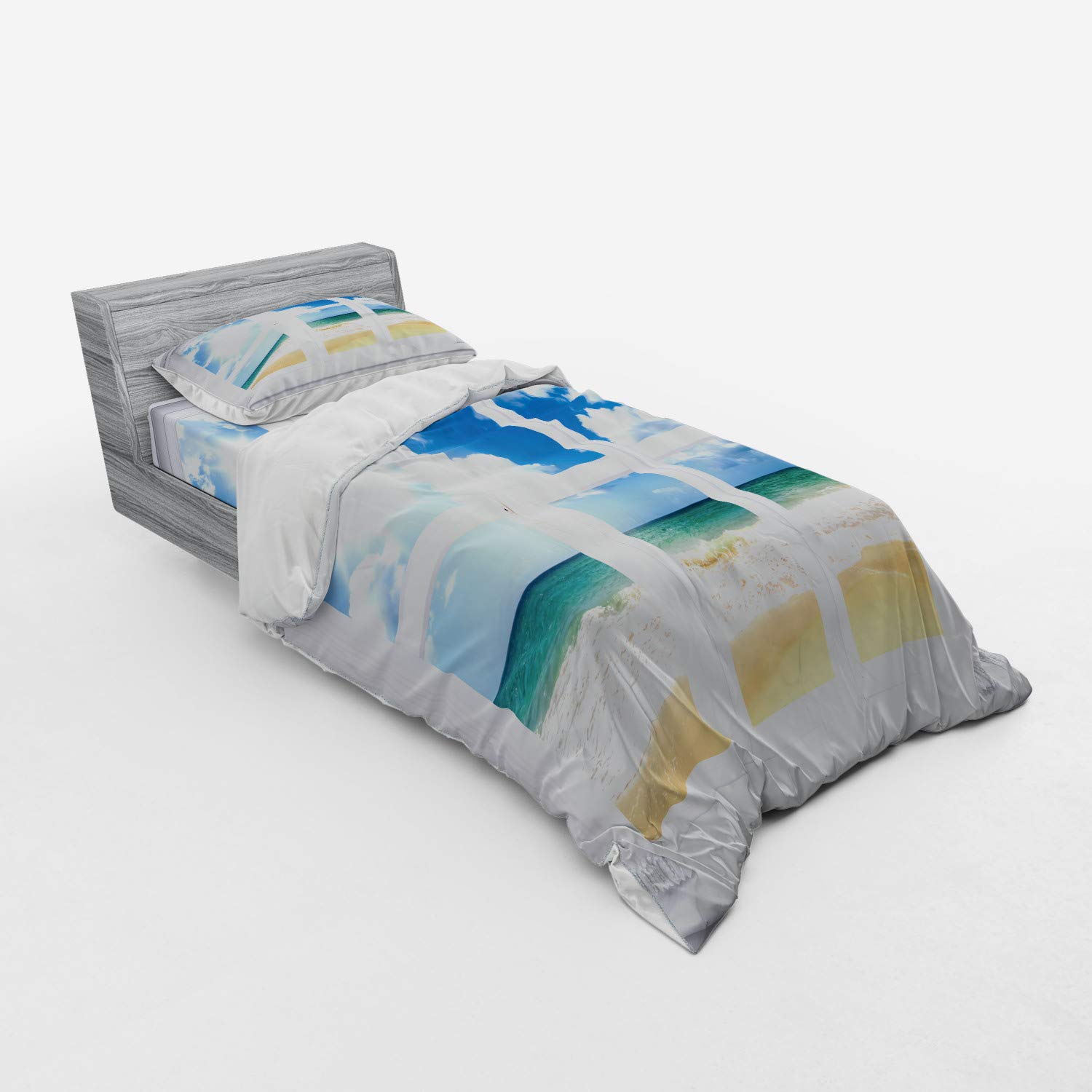Ambesonne Coastal Beach Duvet Cover Set - Ocean View Window Design with Sunshine & Sandy Clouds - 3 Piece Bedding Set Includes Sham & Fitted Sheet - Twin XL Size in Blue Teal Sand Brown - Perfect for Beach House Decor & Coastal Bedroom Themes