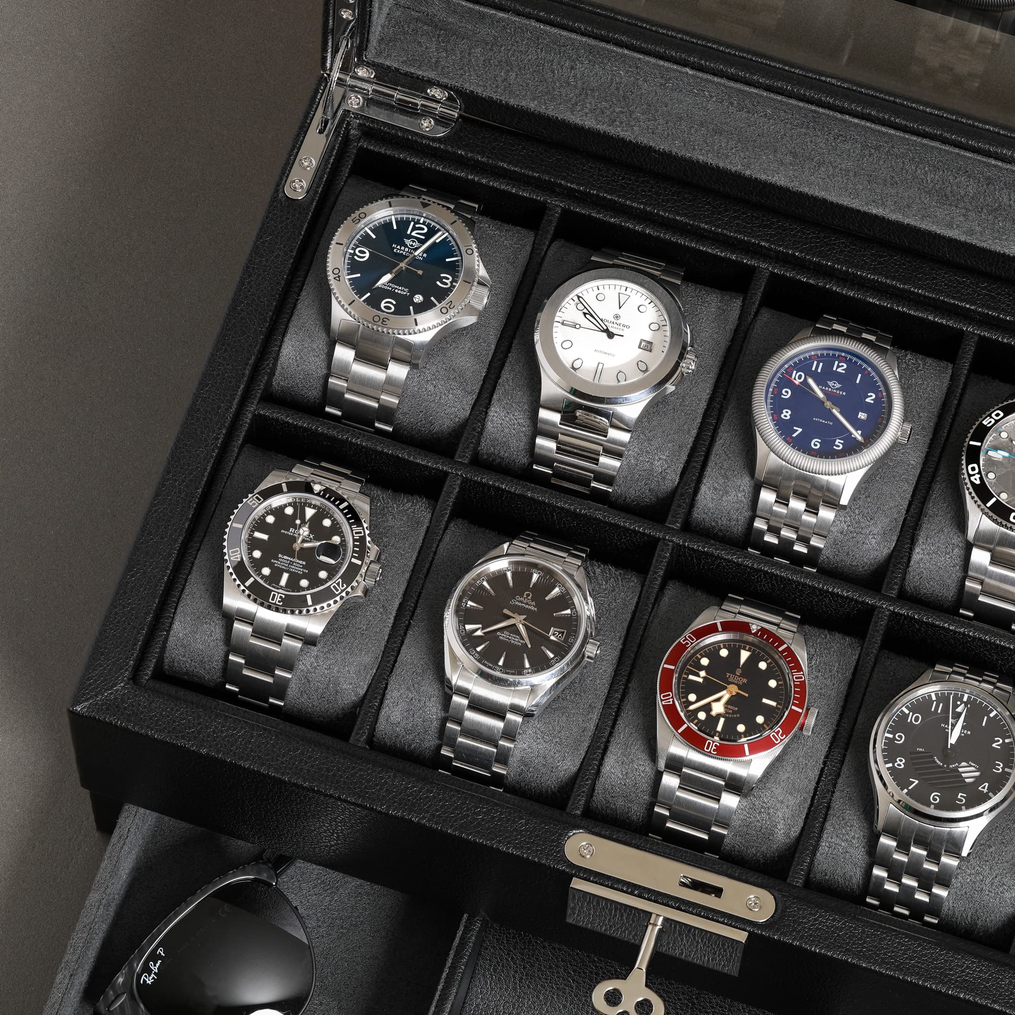 ROTHWELL 10-Slot Leather Watch Box with Valet Drawer - Luxury Watch Case Organizer with Ultra Soft Microsuede Liner, Jewelry & Sunglass Storage - Large Glass Top Display (Black/Grey) - Perfect for Watch Collectors & Gift Giving