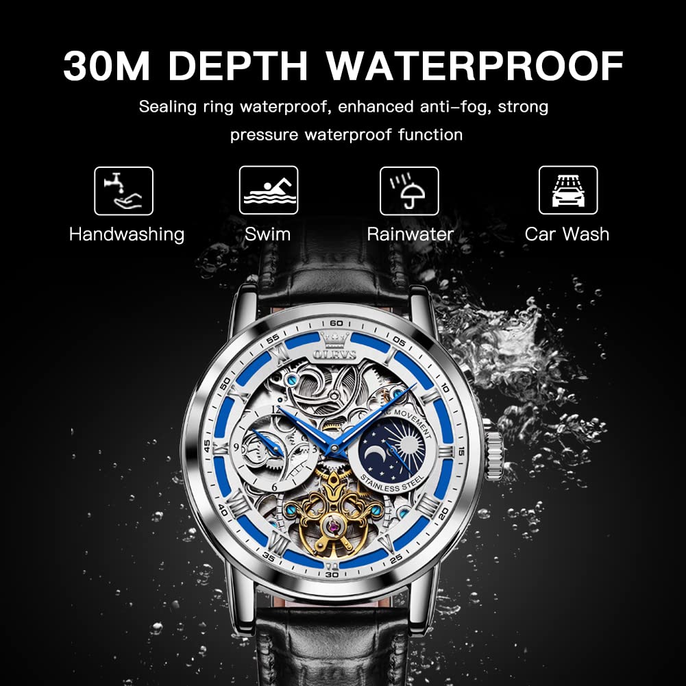 OLEVS Men's Automatic Skeleton Watch - Self-Winding Tourbillon with Moon Phase, Luminous Hands, Waterproof Leather Strap Dress Watch for Business & Formal Occasions