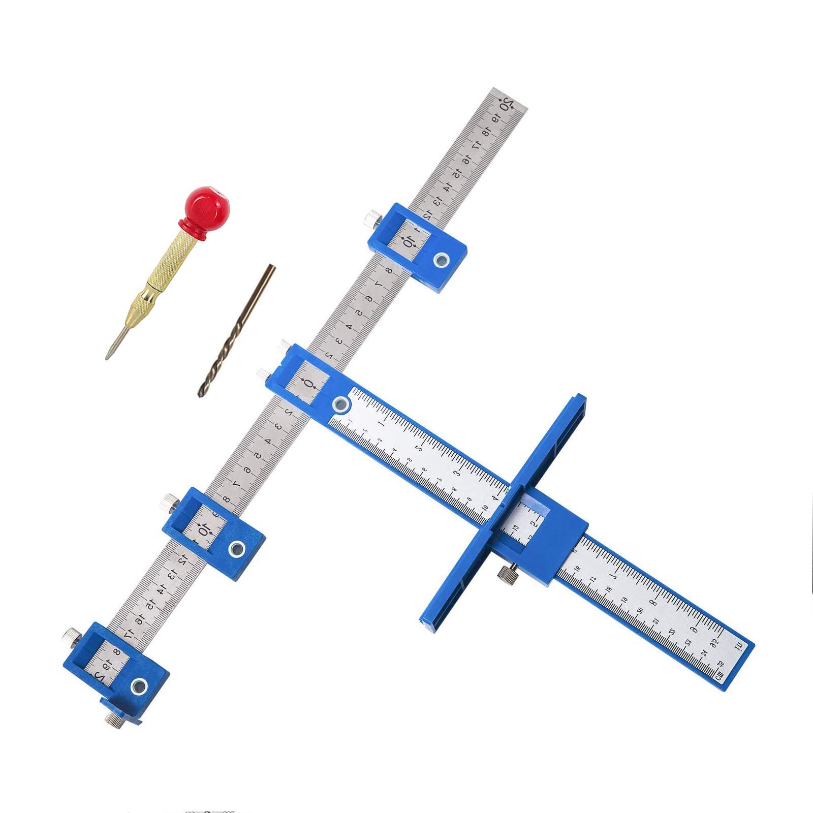 SYWAN Adjustable Cabinet Hardware Jig for Handles & Knobs - Aluminum Alloy Drill Guide Sleeve, Drawer Pull Wood Drilling Tool Set with Punch Locator (Blue) | Perfect for DIY Cabinet Installation, Furniture Repair, and Home Improvement Projects