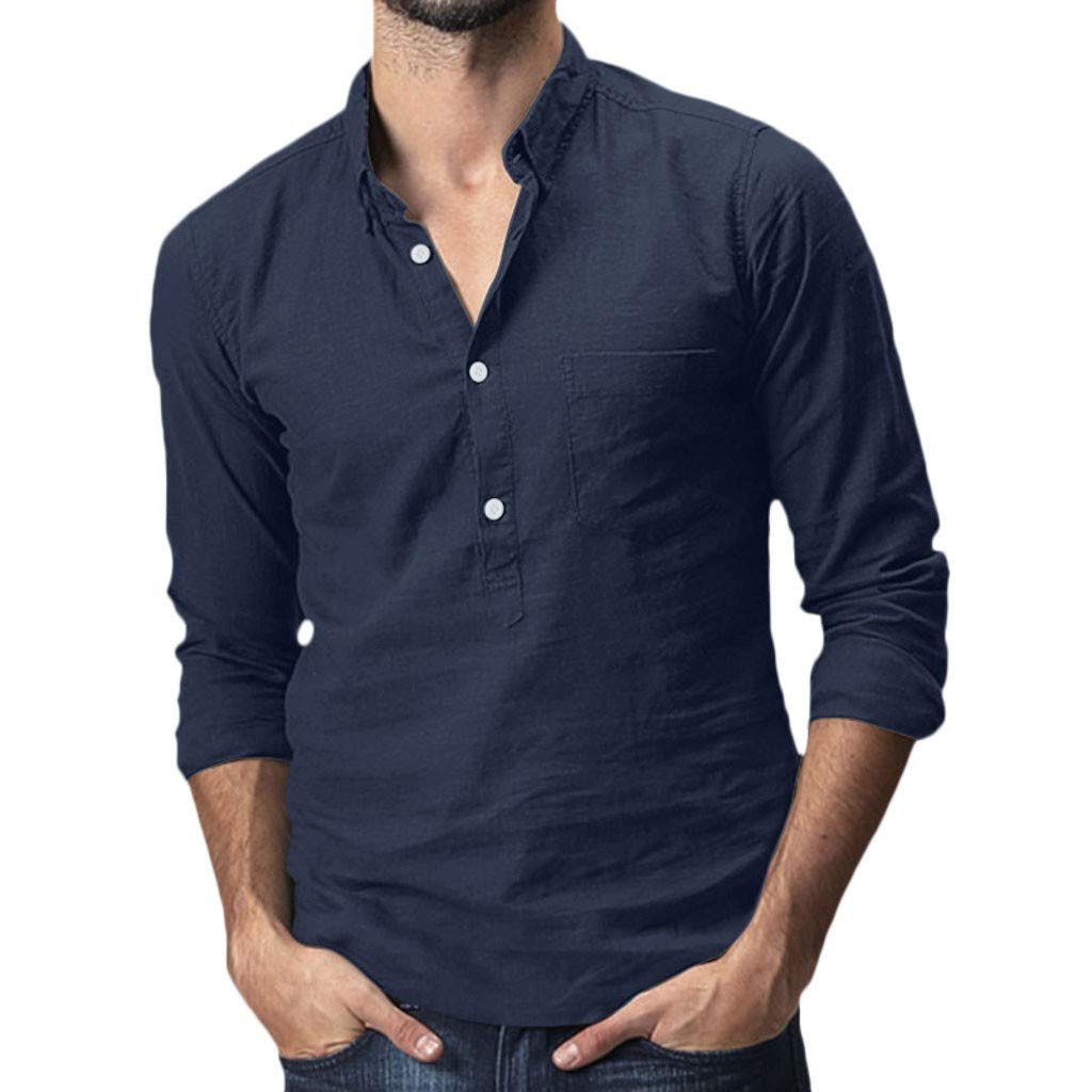 Men's Blue Cotton Linen Button Down Shirt - Long Sleeve Relaxed Fit with Turn-Down Collar & Chest Pocket | Casual Office Wear, Weekend Outfits & Spring Layering