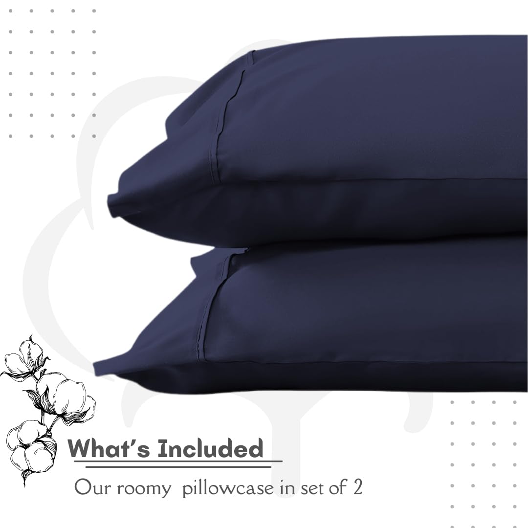Premium 100% Long Staple Combed Cotton Pillowcases - Cooling Standard Size 20x40 Inches (Set of 2) - Navy Blue Solid with 4-Inch Hem - Breathable & Hypoallergenic for Better Sleep - Perfect for Bedroom, Hotel, and Travel Use