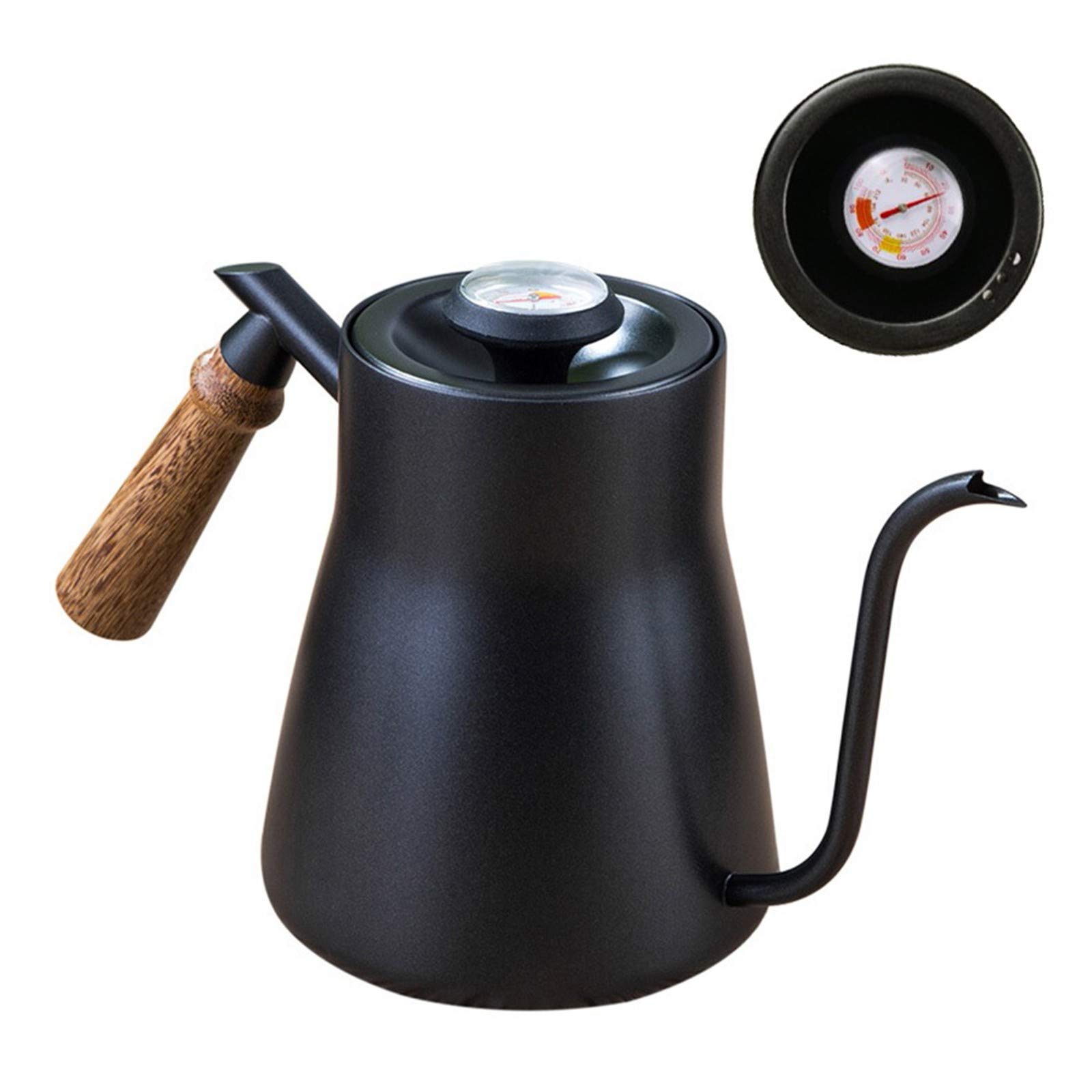 Premium Stainless Steel Gooseneck Coffee Kettle 850ml with Wooden Handle & Built-in Thermometer - Perfect for Pour Over Coffee, Tea Brewing at Home, Kitchen, Office & Coffee Shops | Ideal Gift for Coffee Lovers & Baristas