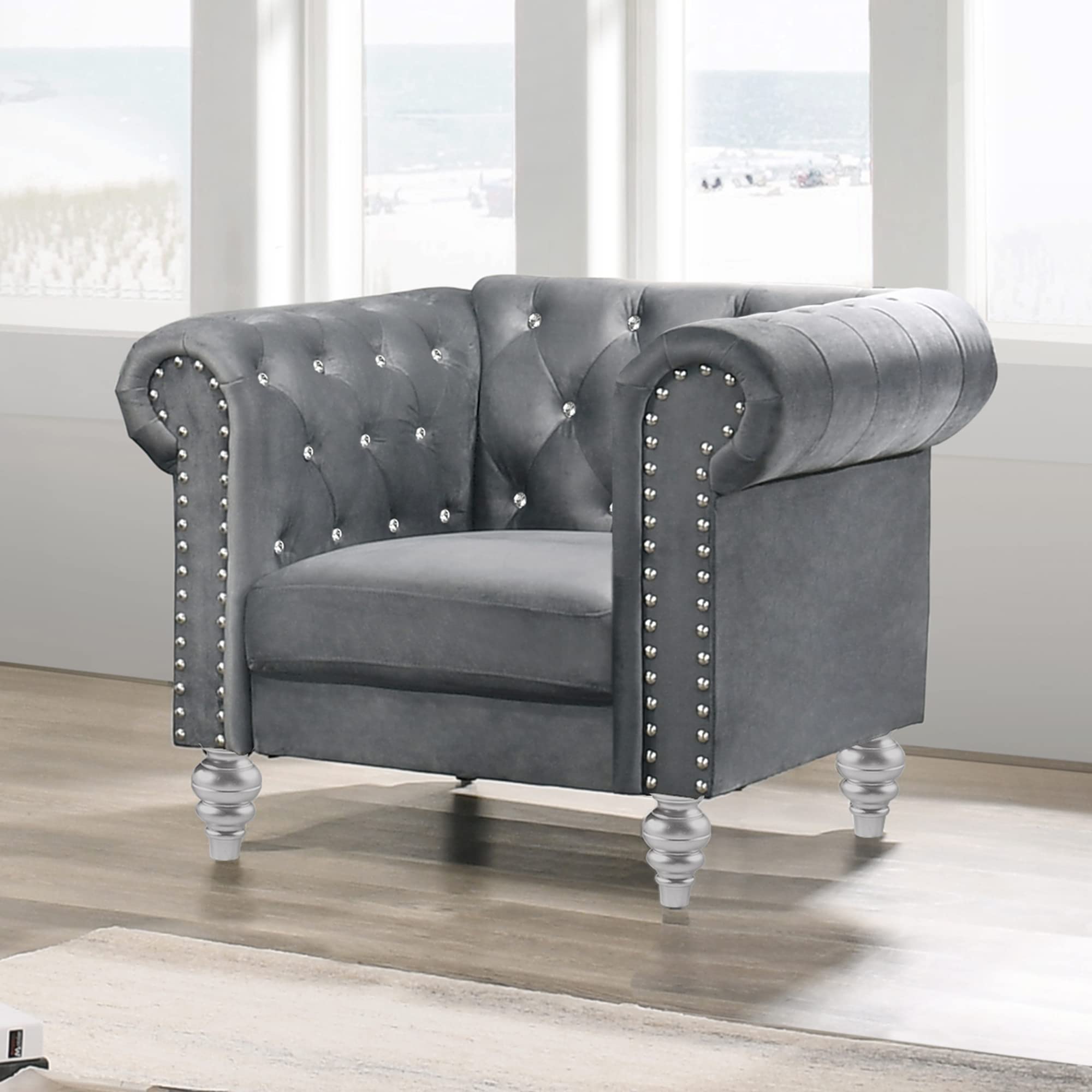 Emma Velvet Chesterfield Style Chair with Crystal Button Tufts - Classic Gray Upholstered Living Room Furniture for Home Office, Lounge & Reading Nook