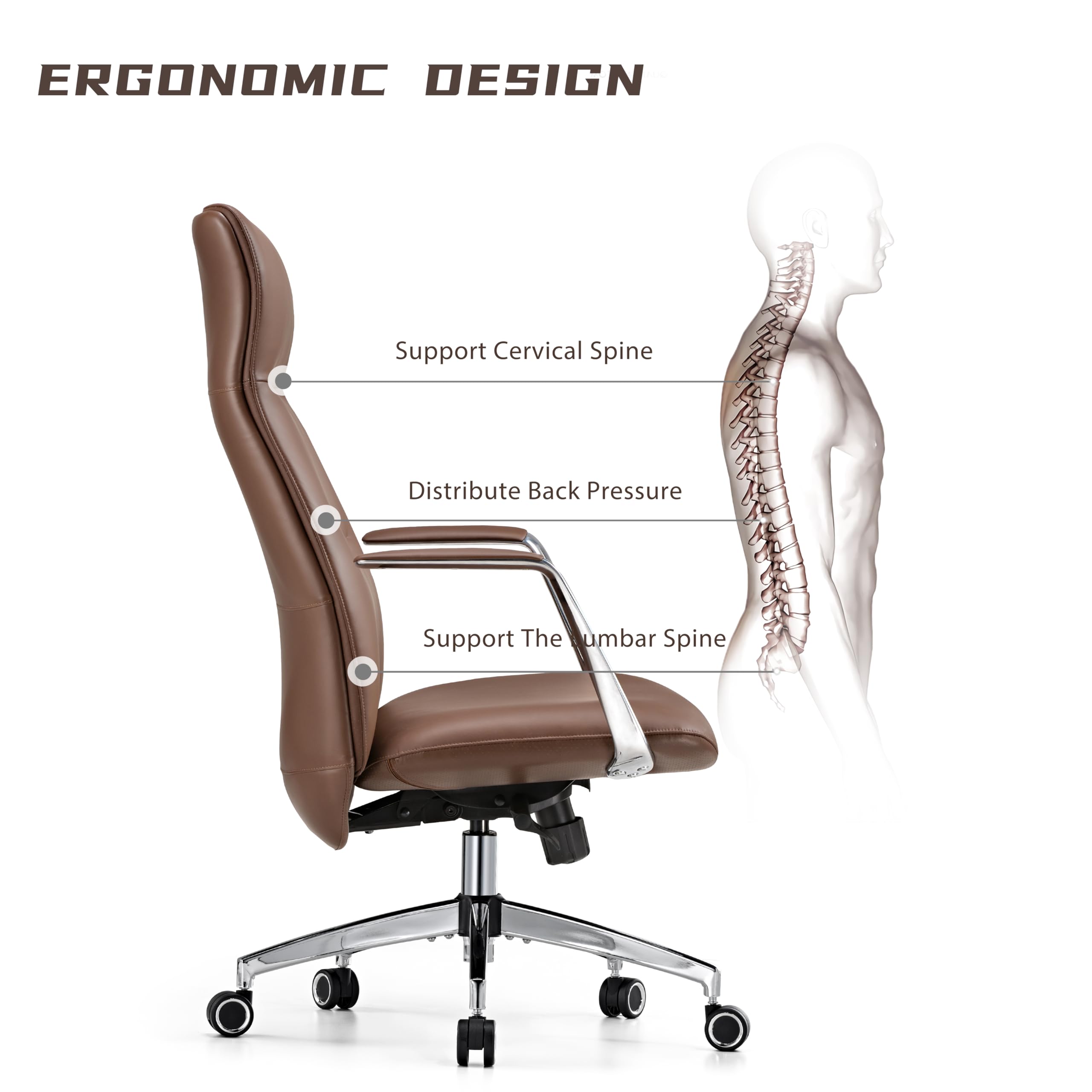 Premium High Back Executive Office Chair - Brown Genuine Leather Ergonomic Desk Chair for Adults, Big & Tall with 360° Swivel & Smooth-Rolling Wheels - Perfect for Home Office, Conference Rooms & Corporate Workspaces