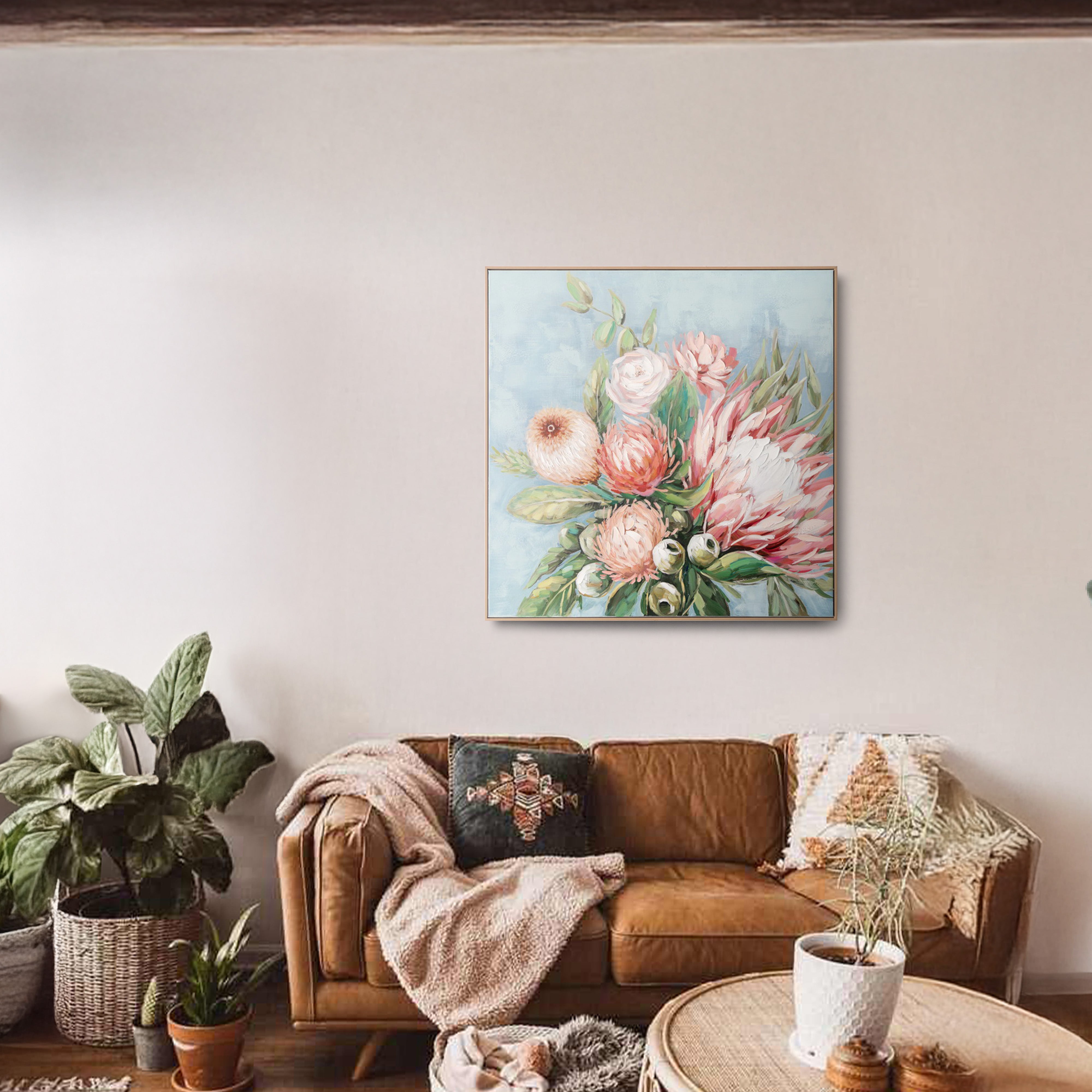 Urban Style Brushmarks Embellished Canvas Protea Blue Wall Art - Perfect for Living Room, Bedroom & Office Decor