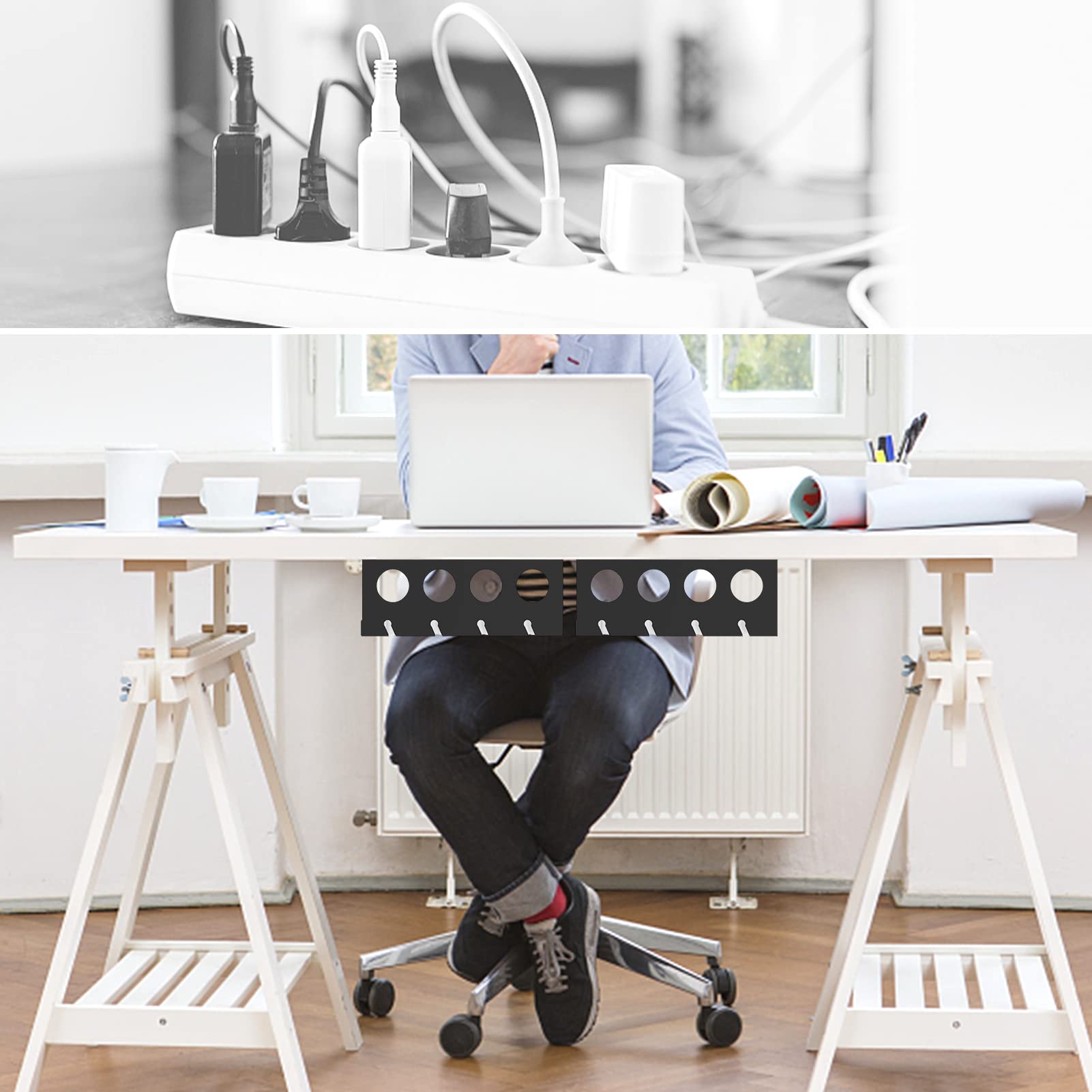 2 Pack Under Desk Cable Management Tray - Super Sturdy Metal Cable Raceway for Cords & Power Strips (12.6 Inch) | Organize Wires for Home Office & Gaming Setup