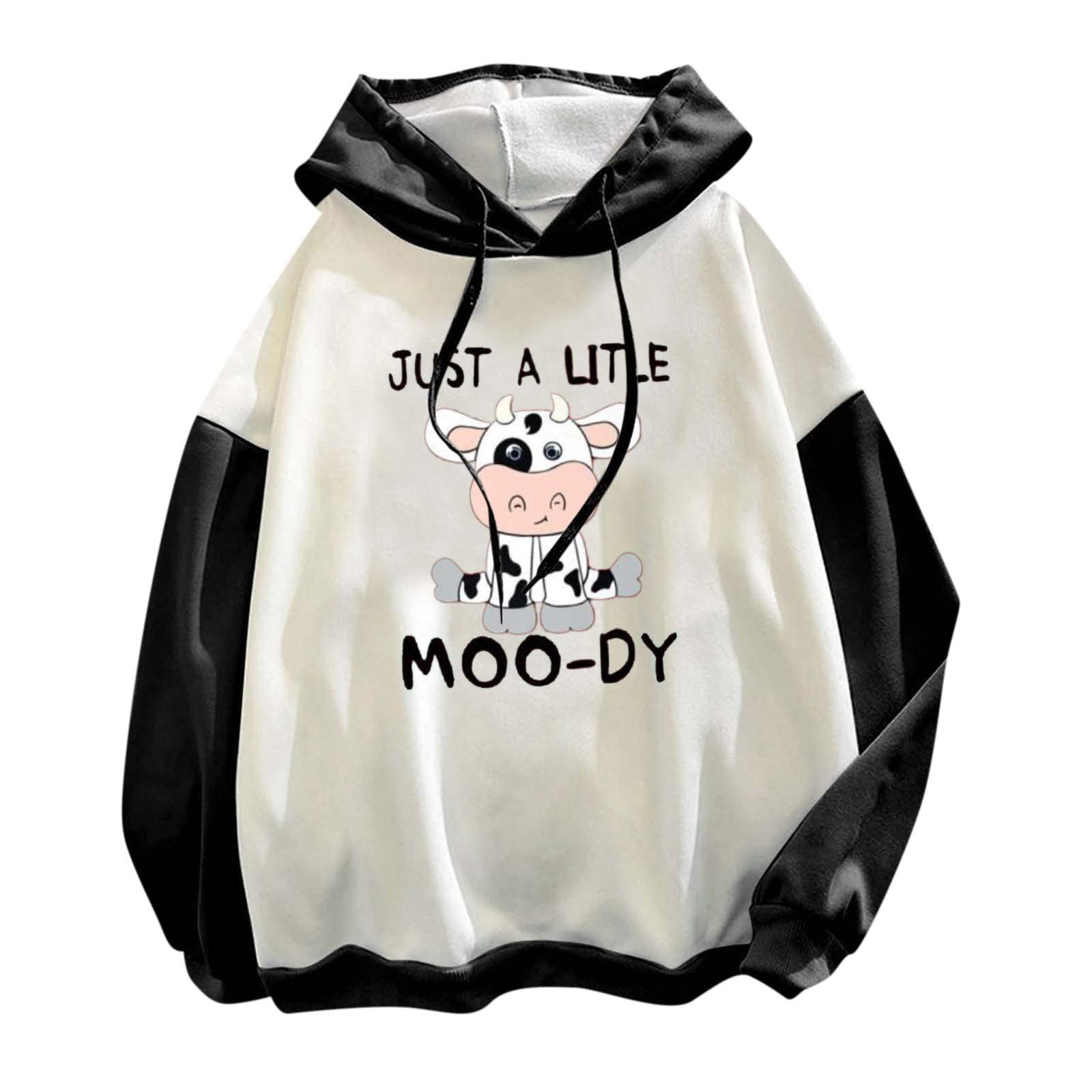 Funny Lazy Cow Hoodie for Women - Cute Milk Cow Print Pullover Sweatshirt with Drawstring | Y2K Fashion for Teen Girls | Perfect for Casual Wear, Lounge Outfits & Street Style