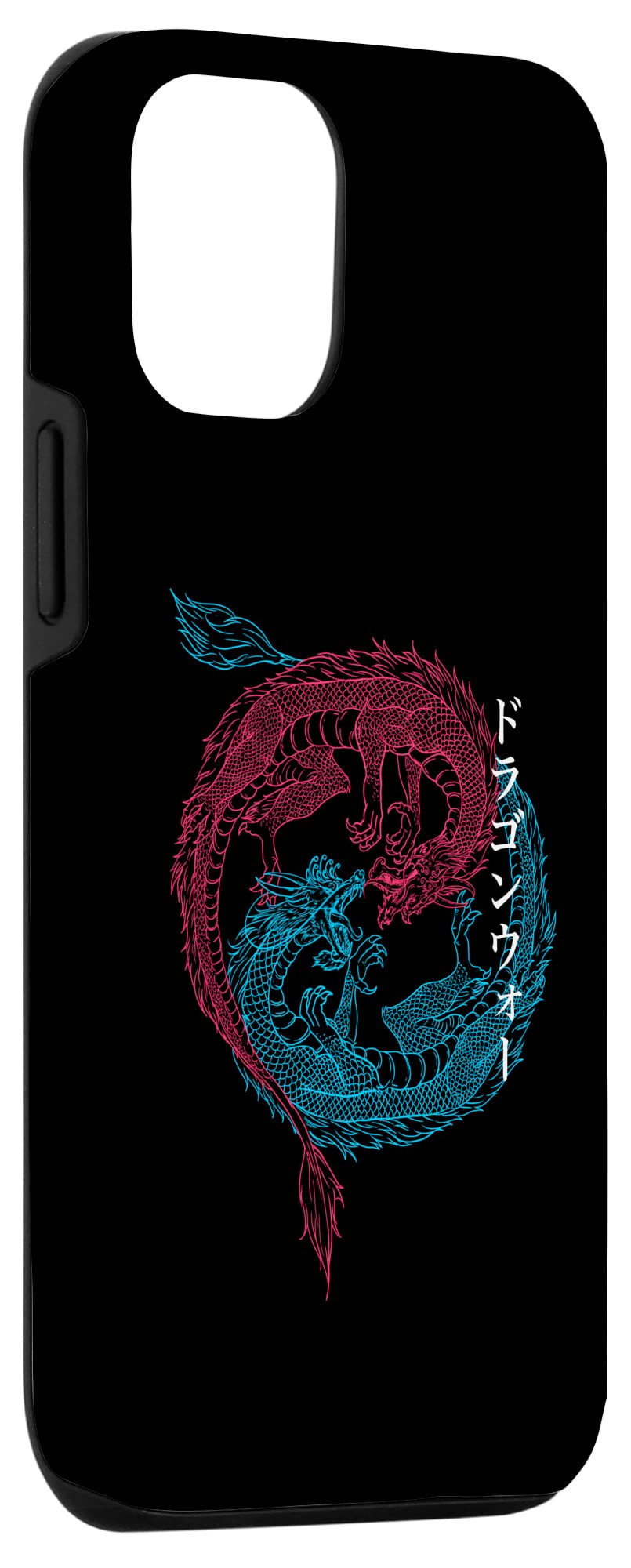 iPhone 12/12 Pro Case - Red & Blue Japanese Dragon Design with Yin Yang Kanji Writing | Stylish Protective Cover for Daily Use & Travel