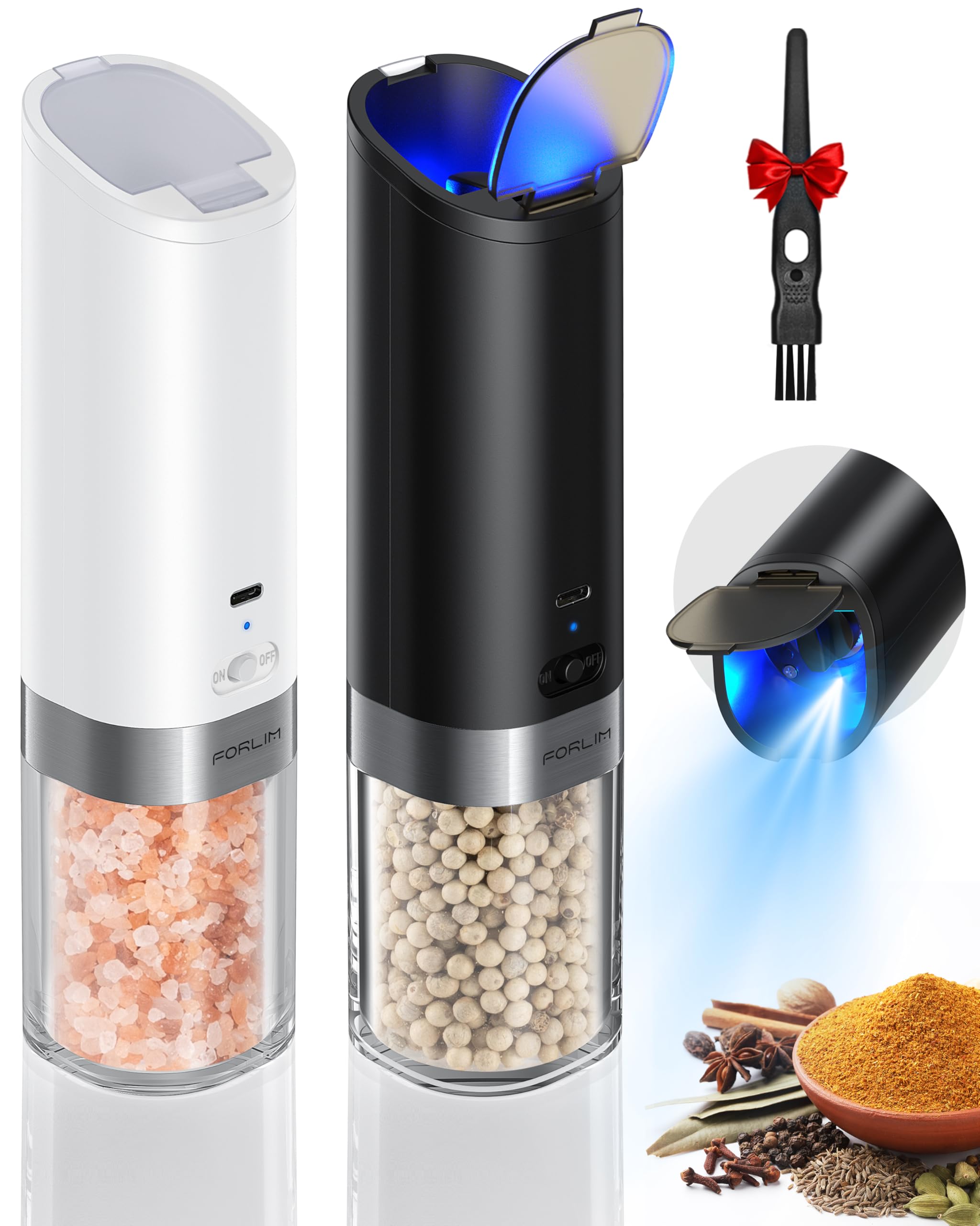 Premium Gravity-Operated USB Rechargeable Salt and Pepper Grinder Set with Adjustable Coarseness - Integrated Dust Cover, Portable for Travel, Outdoor BBQ & Kitchen Use (White & Black) - Perfect for Camping, Picnics & Home Cooking
