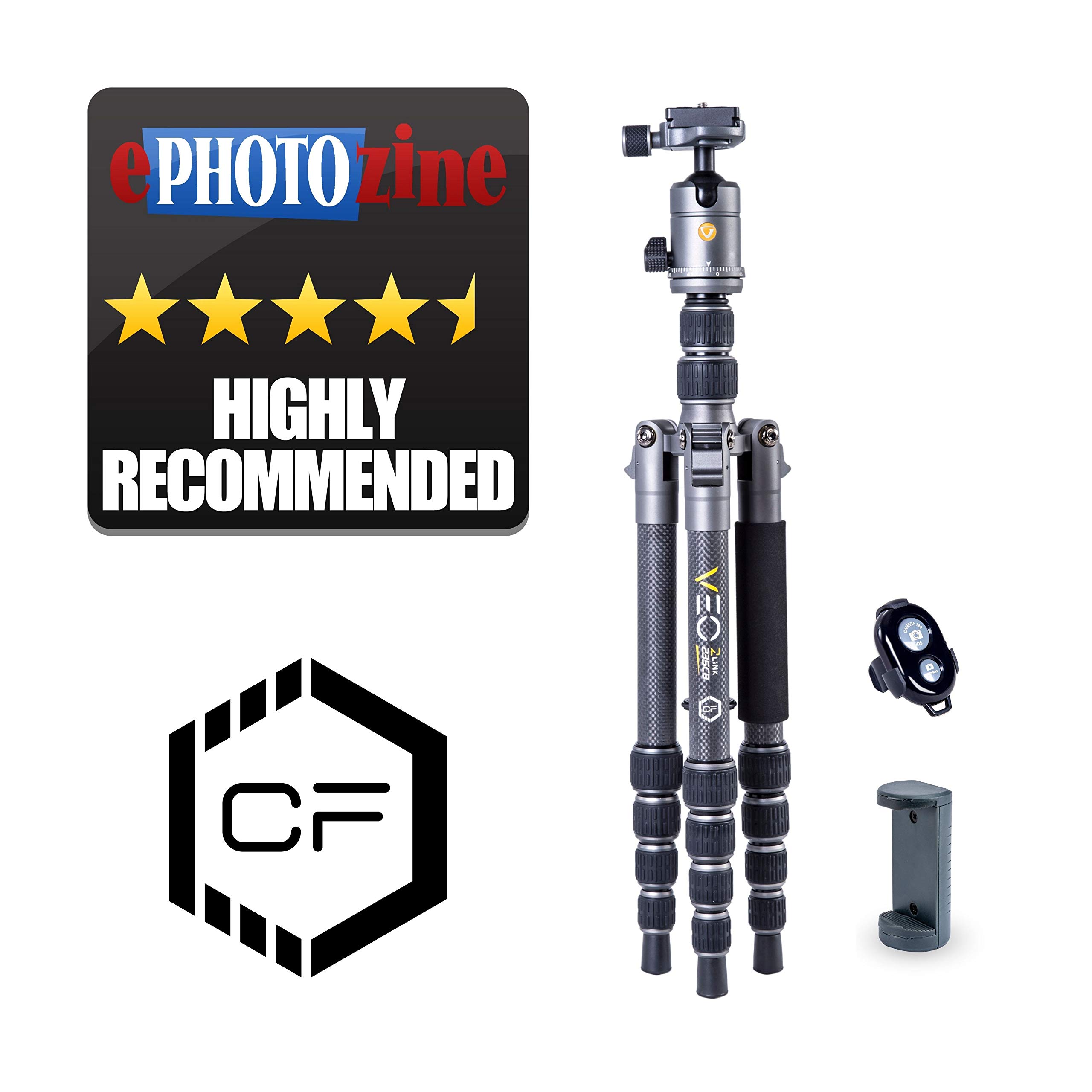 Vanguard VEO3GO235CB Carbon Fiber Travel Tripod with Ball Head - Lightweight Compact Tripod for DSLR Camera, Smartphone & Mirrorless - Includes Monopod, Phone Holder & Bluetooth Remote - Perfect for Travel, Hiking & Vlogging