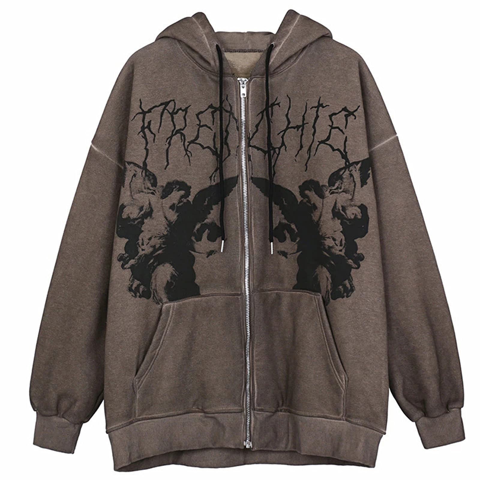 Women's Long Sleeve Gothic Y2K Oversized Hoodie - Vintage Zip Up Pullover Sweatshirt & Loose Fit Casual Jacket | Perfect for Streetwear, Layering & Retro Fashion Outfits