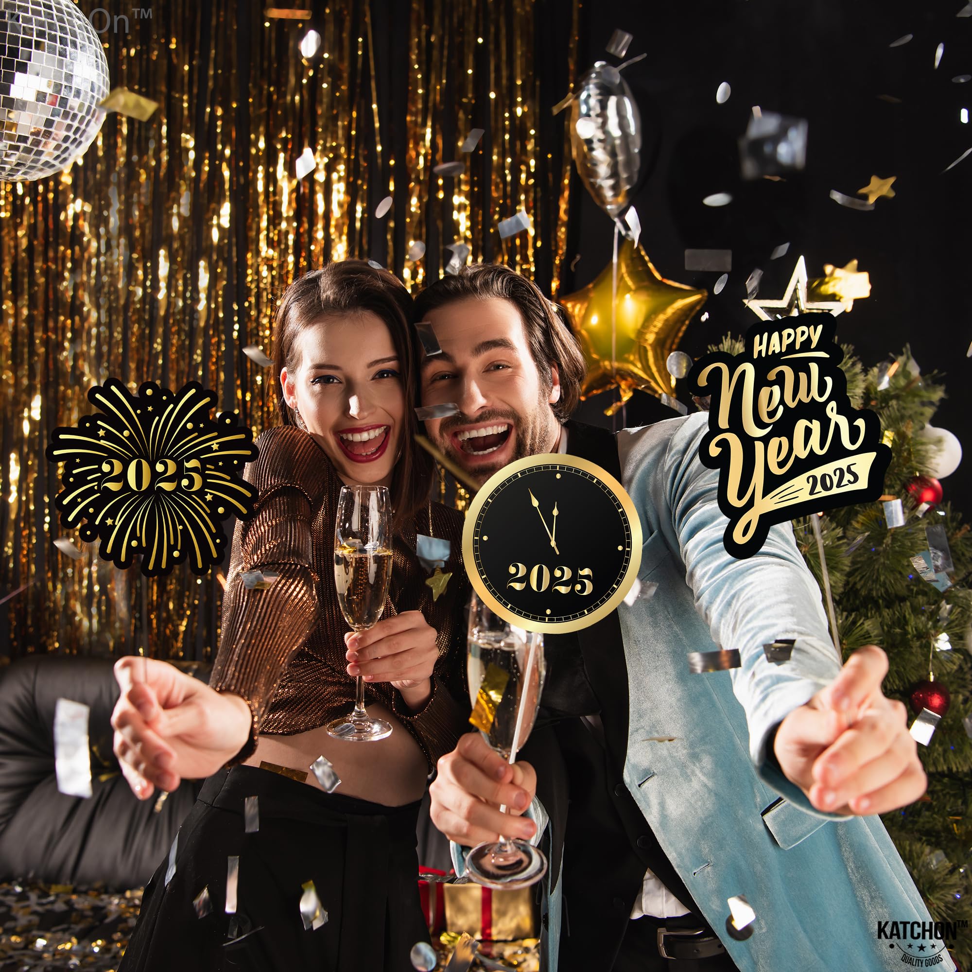 KatchOn 2025 New Year's Eve Photo Booth Props Kit - 35-Piece Set for NYE Party Decorations & Supplies | Fun New Year's Photo Accessories for 2025 Celebrations | Perfect for Countdown Parties, Family Gatherings & Social Media Photos