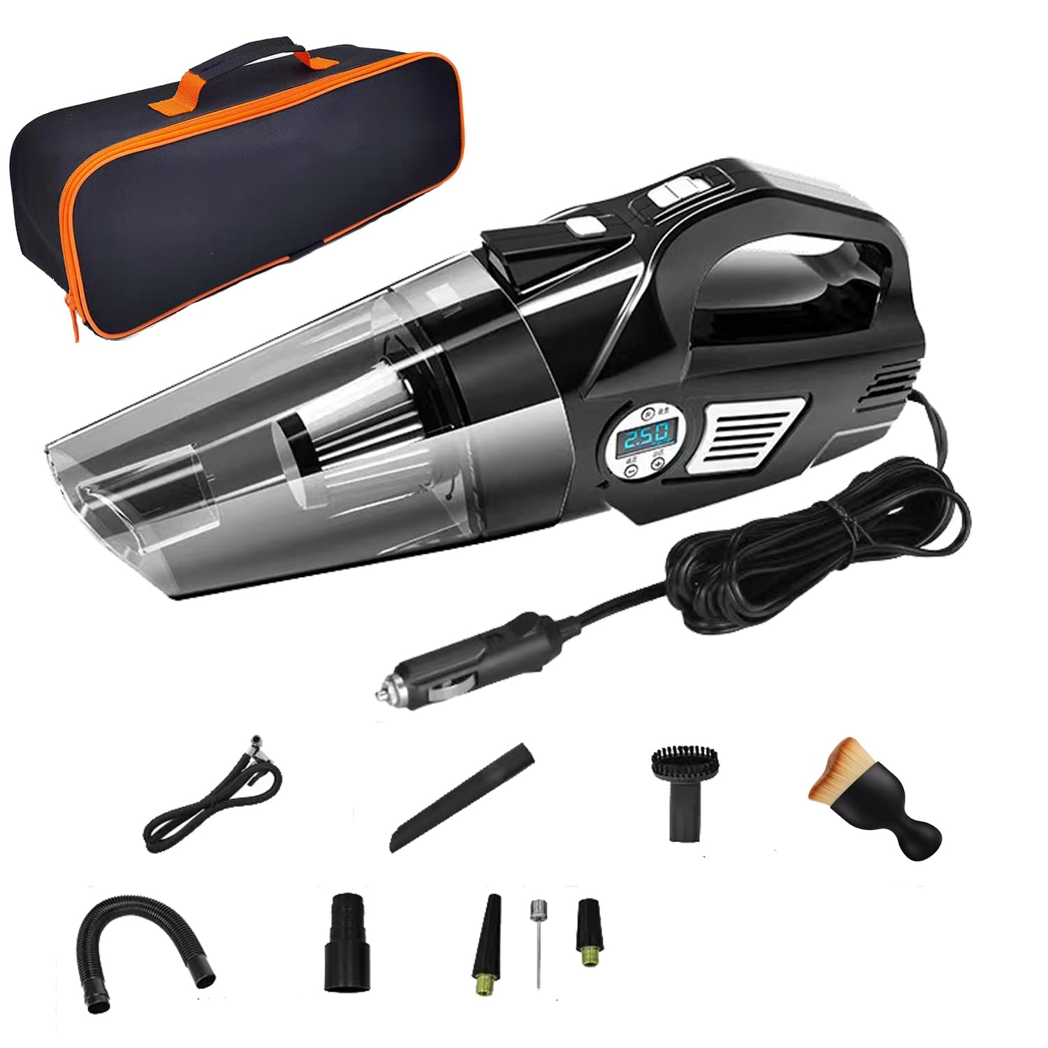 Onirii 4-in-1 Portable Car Vacuum Cleaner & Tire Inflator with LCD Display & LED Light, 12V DC Handheld Vacuum for Car Detailing, Cleaning Car Interior, Home, and Outdoor Use