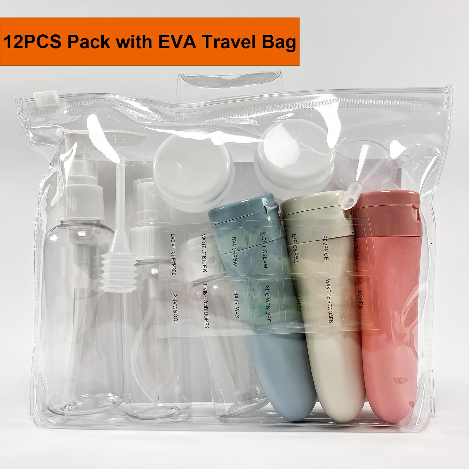 12-Pack TSA Approved Leakproof Travel Bottles (2oz) - Refillable Plastic Toiletry Containers for Shampoo, Skincare & Cream - Perfect Travel Size Toiletries Kit for Women | Ideal for Air Travel, Gym, Camping & Vacation Essentials