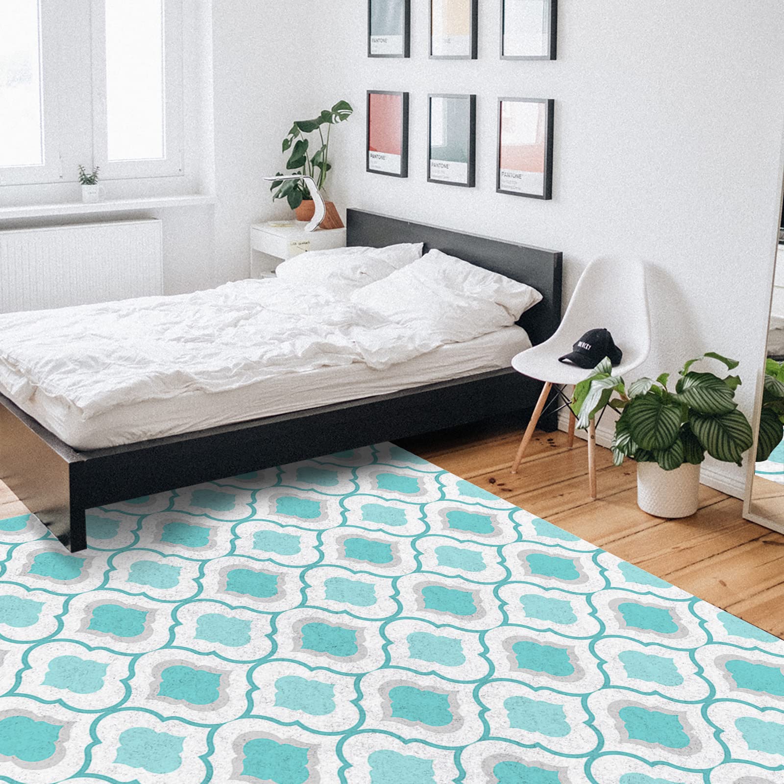 4' x 6' Blue Green Moroccan Quatrefoil Area Rug - Non-Slip Durable Rectangular Carpet for Living Room, Bedroom & Outdoor Use - Geometric Lattice Design Home Decor Floor Mat