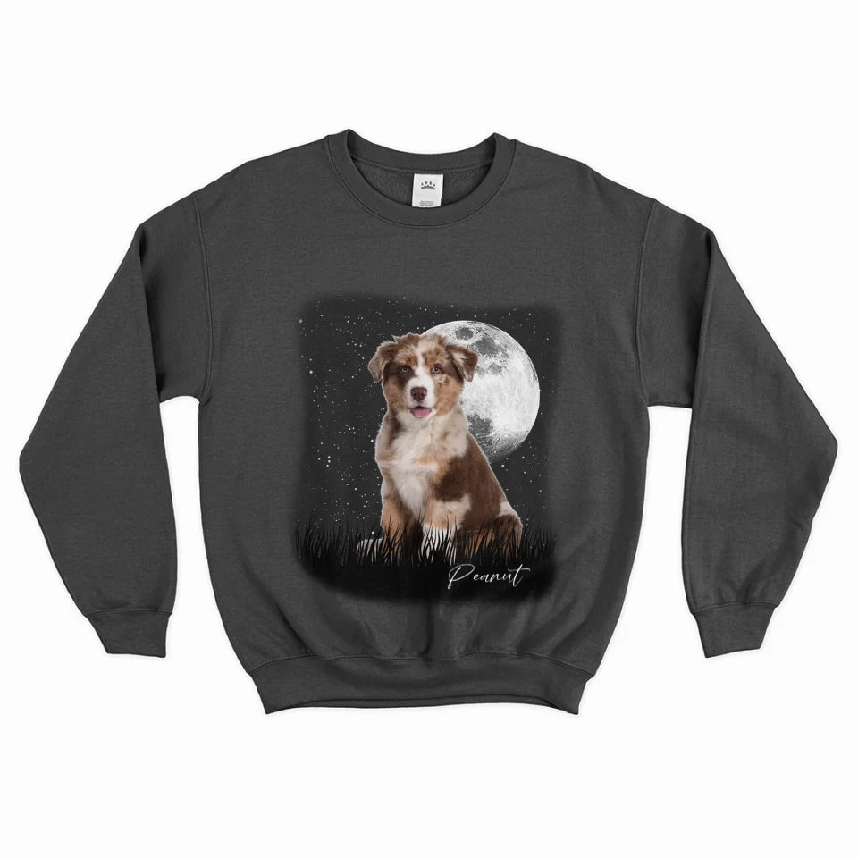 Custom Vintage Full Moon Pet Photo Sweatshirt - Personalized Dog Cat Lover Gift - Cozy Pullover for Family Matching Outfits, Couple Wear & Pet Memorial