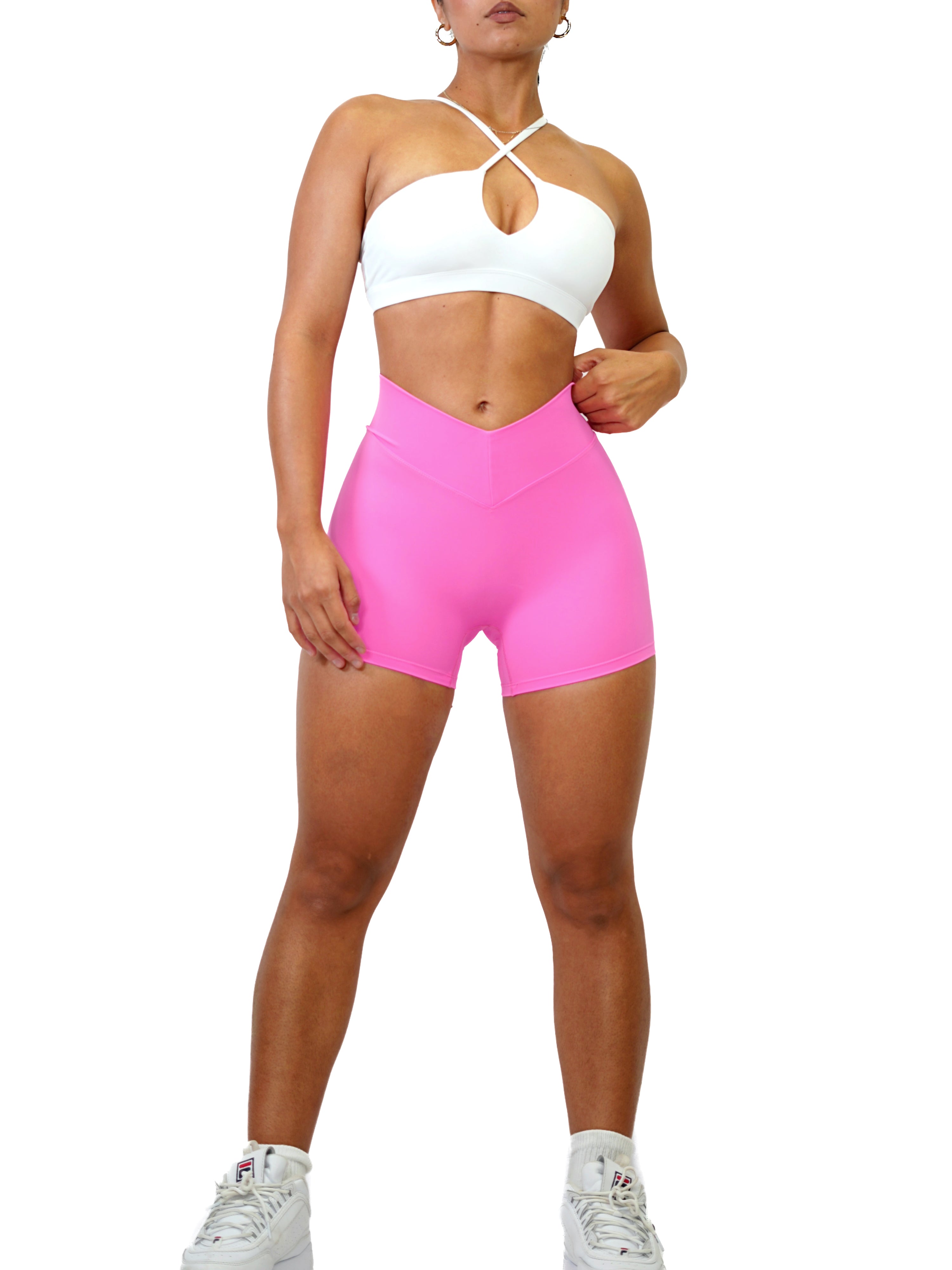 Low Back Pocket Scrunch Shorts for Women - High Waisted Yoga Shorts with Butt Lifting Design, Neon Pink - Perfect for Workout, Running, Gym & Lounge Wear