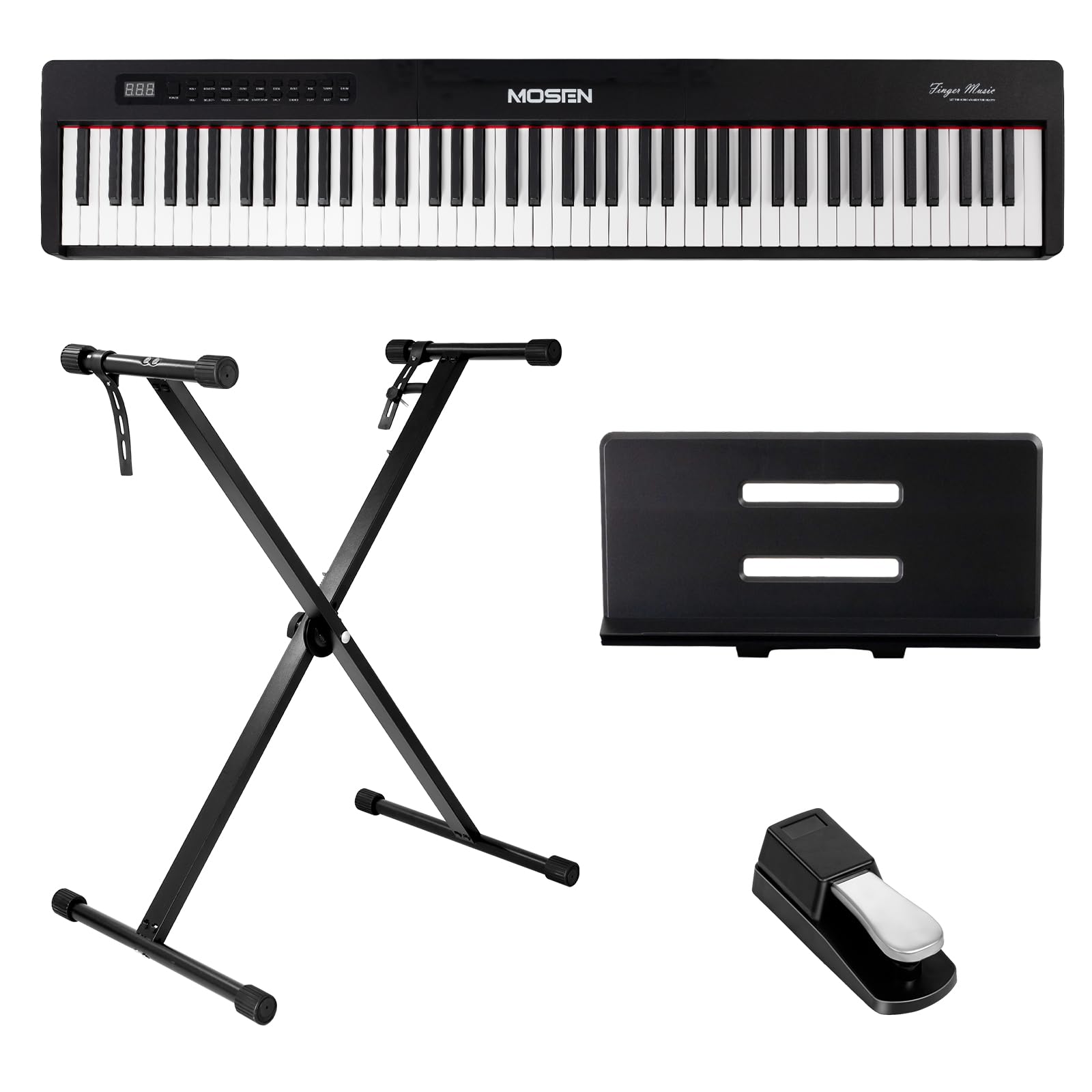 MOSEN 88-Key Digital Piano Keyboard with Semi-Weighted Keys - Professional Double Keyboard with LED Display, 380 Tones, 128 Rhythms & 88 Demo Songs - Includes Piano Lessons, Keyboard Stand & Sustain Pedal (MSP-45BK, Black) - Perfect for Home Practice, Music Education & Live Performances