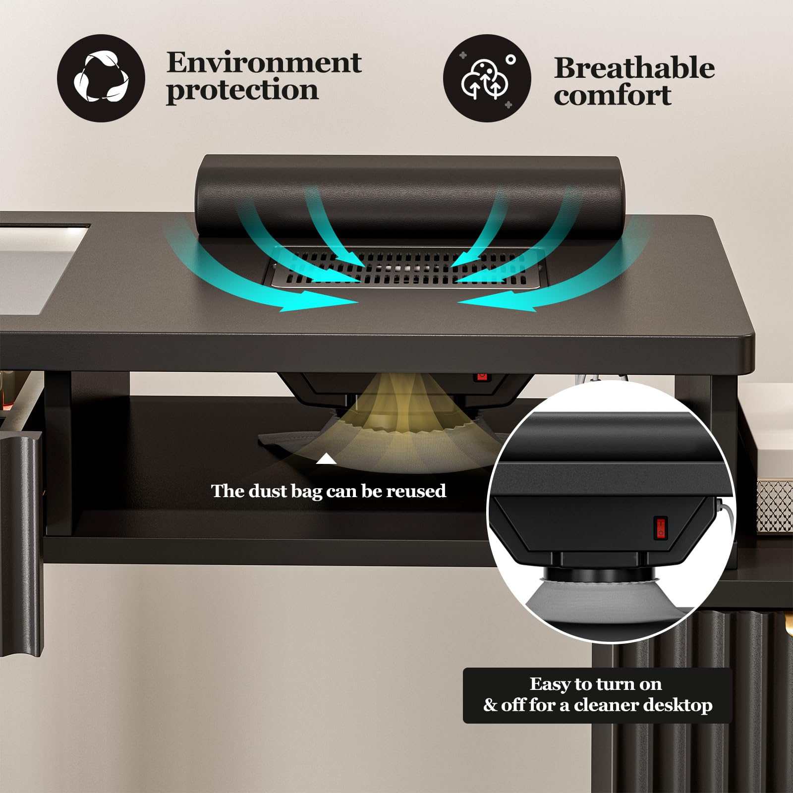 Professional Nail Tech Manicure Table with Dust Collector, 4 Drawers & LED Lights - Acetone Resistant Salon Workstation with Wrist Cushion, Golden Leg (Black) - Perfect for Nail Salons, Home Studios & Mobile Nail Technicians