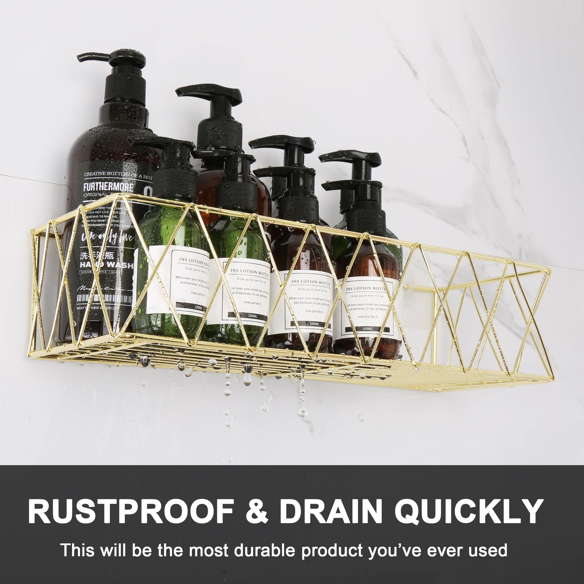 5-Pack Gold Shower Caddy - Rustproof Stainless Steel Bathroom Organizer with Soap Holder & 2 Razor Hooks - Wall Mounted Shelves & Adhesive Rack - Large Capacity Storage Basket - Perfect for Shower, Bathroom & Dorm Decor