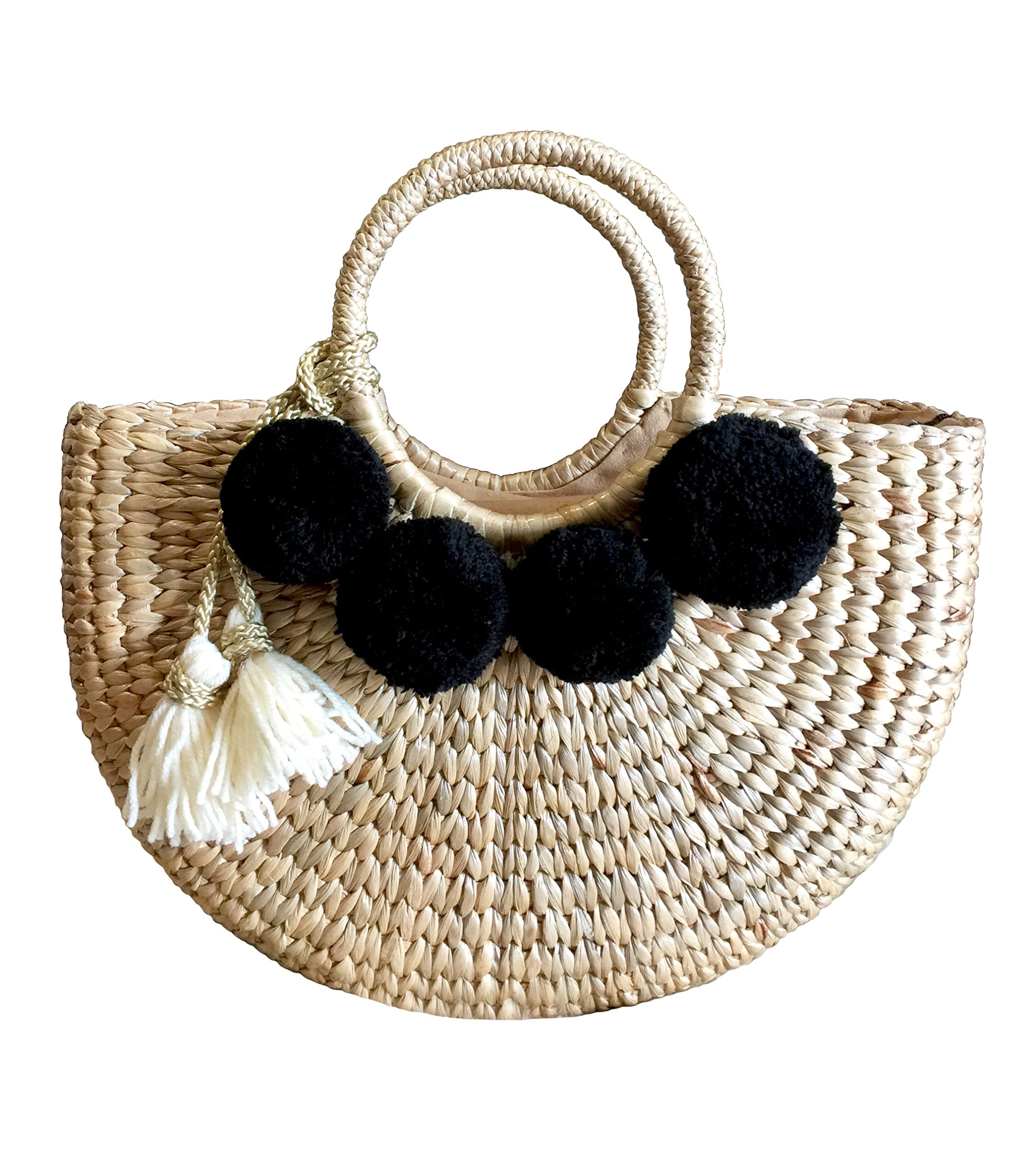 Stylish Pom Pom Straw Tote Bag for Women - Perfect Beach Basket Bag, Summer Straw Handbag for Outdoors, Picnics & Vacation
