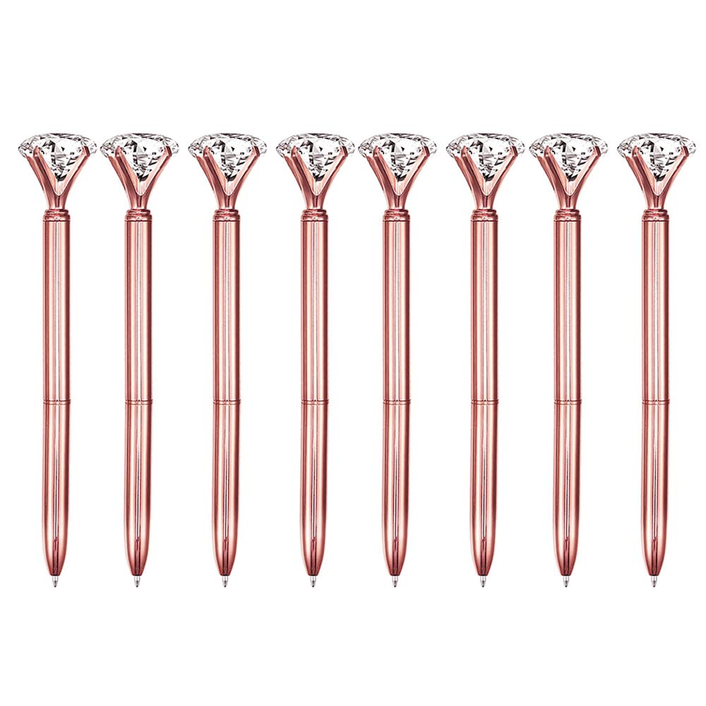 8-Pack CLARA Big Diamond Ballpoint Pens - Rhinestone Crystal Metal Rose Gold with Black Ink for Office, School, Gift Giving & Luxury Writing Accessories