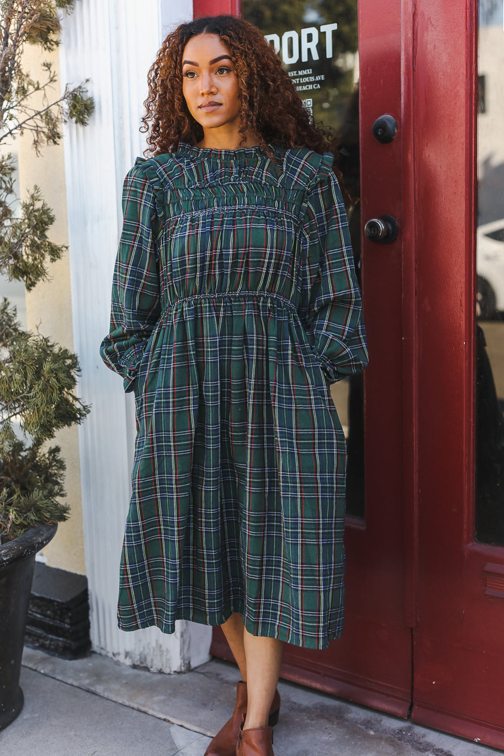 Stylish Hunter Green Plaid Check Woven Pocketed Dress for Women | Casual & Office Wear | Perfect for Work, Dates & Special Occasions