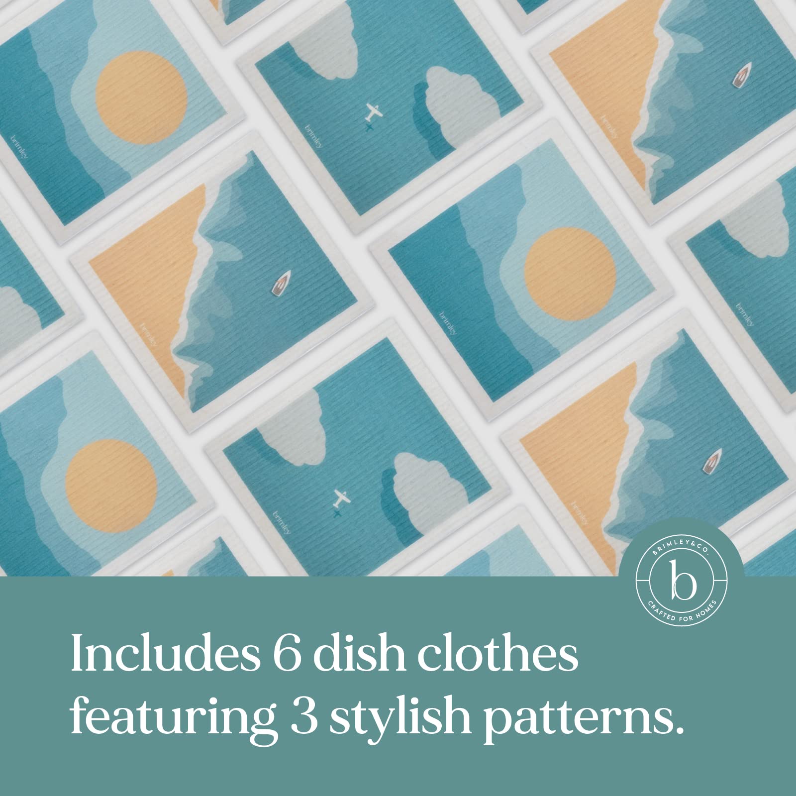 Brimley 6-Pack Reusable Swedish Dishcloths - Super Absorbent, Biodegradable Kitchen Cleaning Cloths for Dishes, Countertops & Surfaces (Sun Print) - Eco-Friendly Kitchen Essentials for Washing, Wiping & Cleaning Gadgets - Perfect for Daily Dishwashing, Counter Cleaning & Household Chores