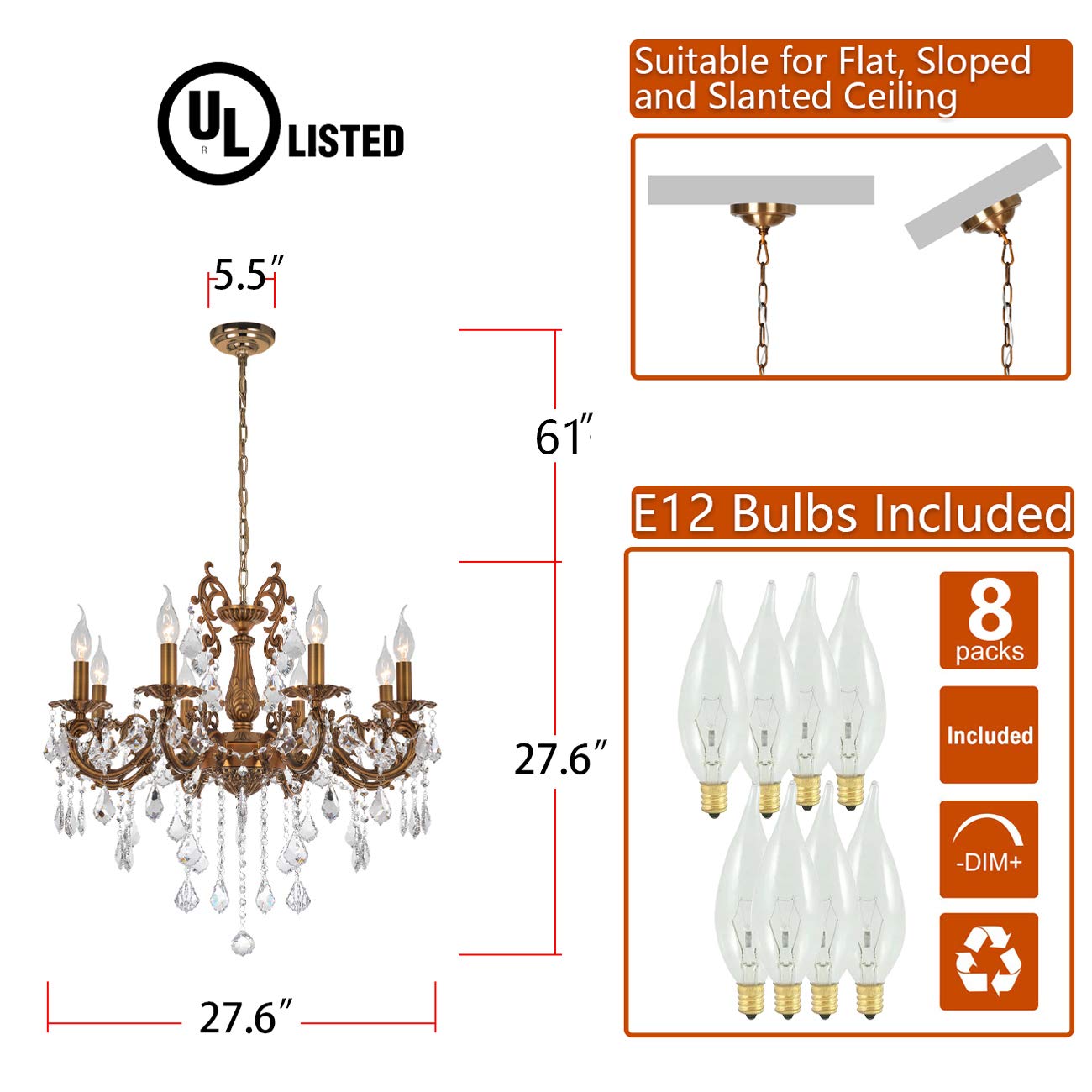 Crystal Chandeliers Modern 8-Light Candle Pendant Ceiling Light Fixture - Elegant Island Lighting for Dining Room, Living Room, Kitchen, Bedroom, Hallway & Entryway (D27.6) | Perfect for Home Decor, Wedding Venues & Luxury Interior Design