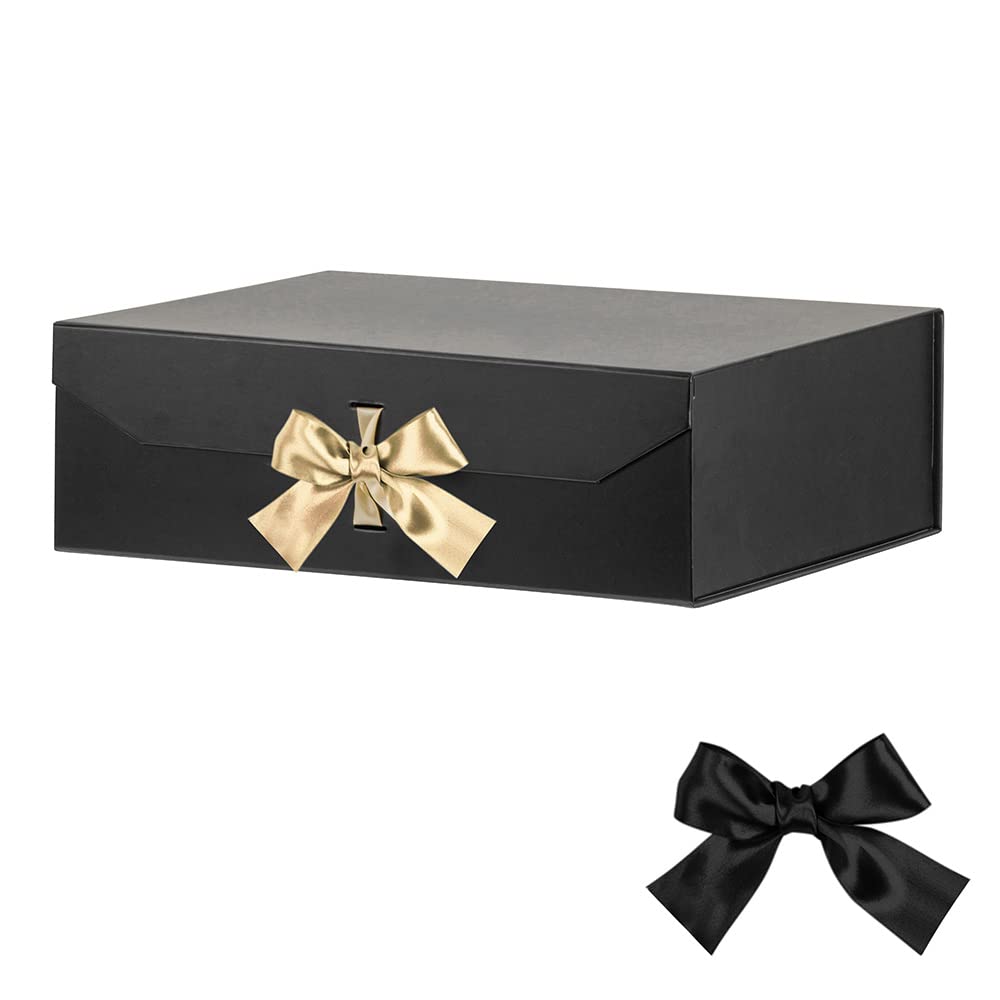 Extra Large Matte Black Gift Box 16x14x5.3 Inches - Magnetic Closure Lid with Ribbon - Collapsible Rectangle Box for Groomsman Proposals, Wedding Gifts, Anniversary Presents & Luxury Packaging