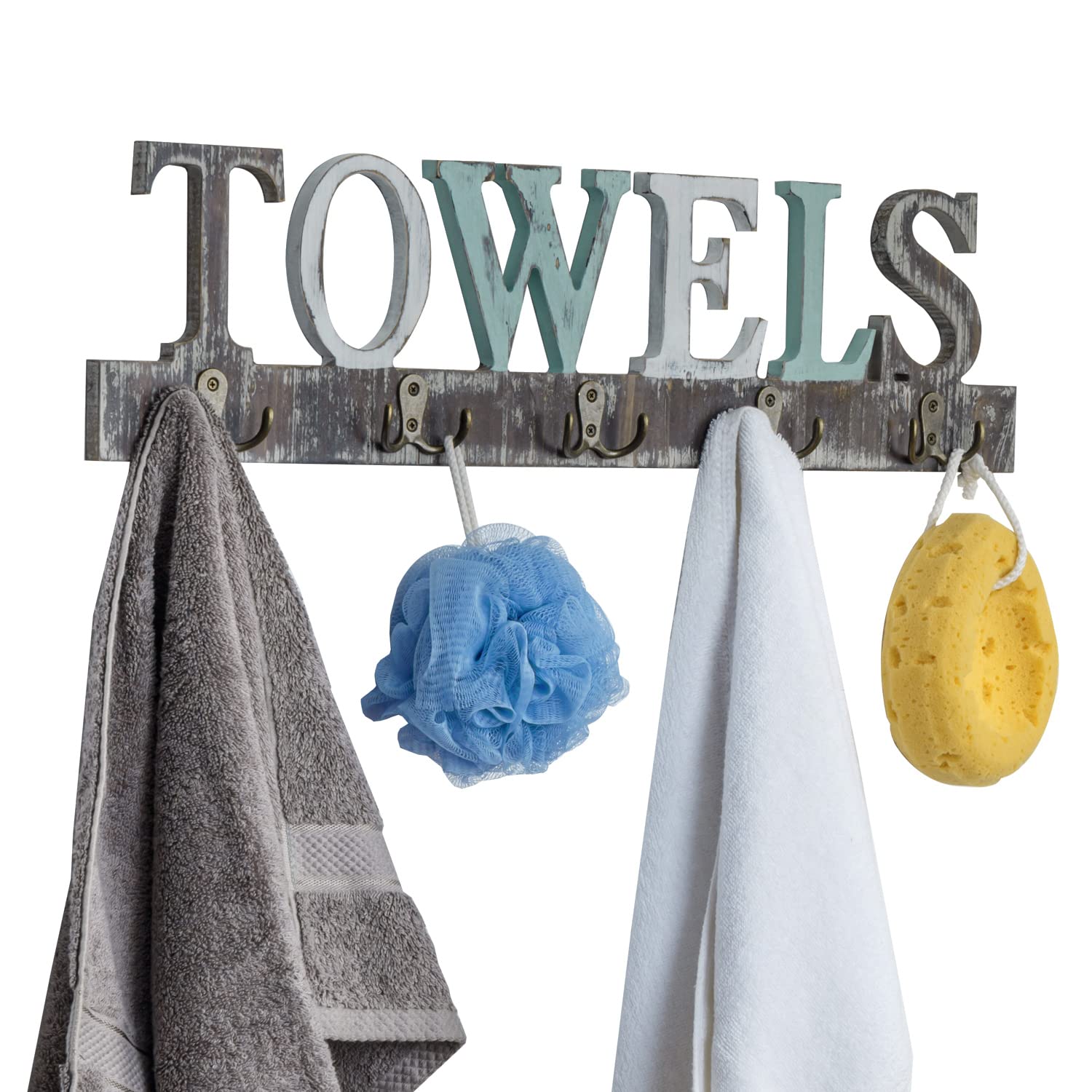 Rustic Wall Mounted Solid Wood Towel Rack with 5 Dual Hooks - Decorative Towel Cutout Design for Bathroom, Kitchen & Laundry Room - Perfect for Hand Towels, Aprons & Robes Organization