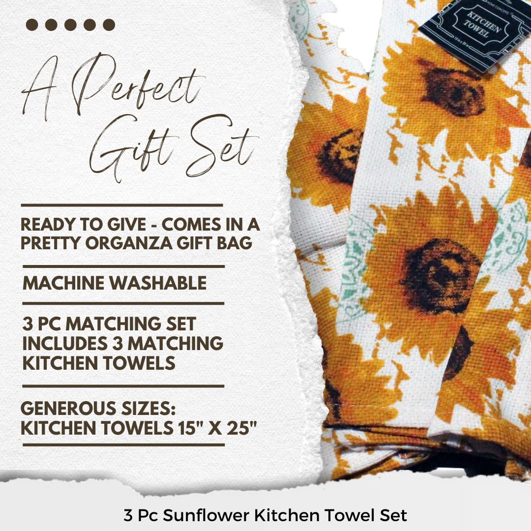Sunflower Kitchen Decor Set - 4-Piece Sunflower Placemats, Kitchen Towels, Oven Mitt & Pot Holder - Farmhouse Home Decor for Dining Room & Kitchen - Perfect Housewarming Gift in Organza Bag