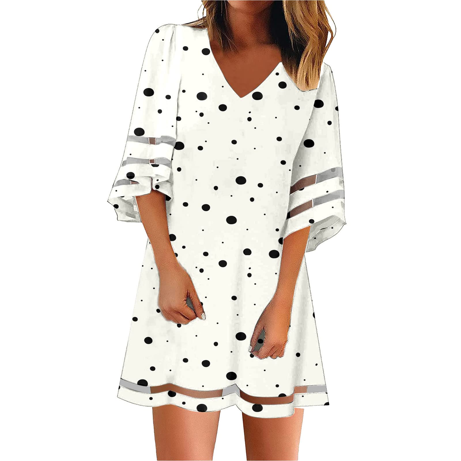 Women's Summer Long Casual Dress - V-Neck Solid Color Floral Print Three-Quarter Sleeve Maxi Dress for Beach, Vacation & Outdoor Activities