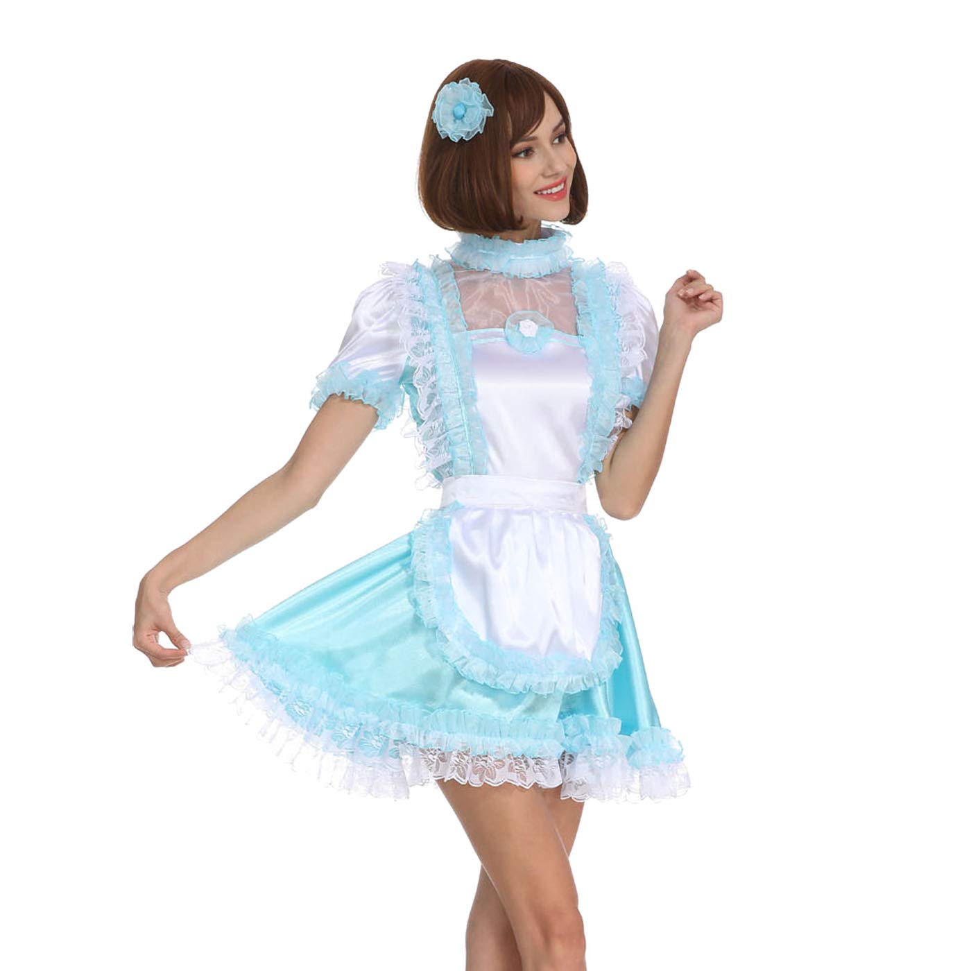 Elegant Pale Blue & White Satin Maid Dress with Ruffled Sleeves - Women's Crossdress Costume for Cosplay, Halloween, and Themed Parties