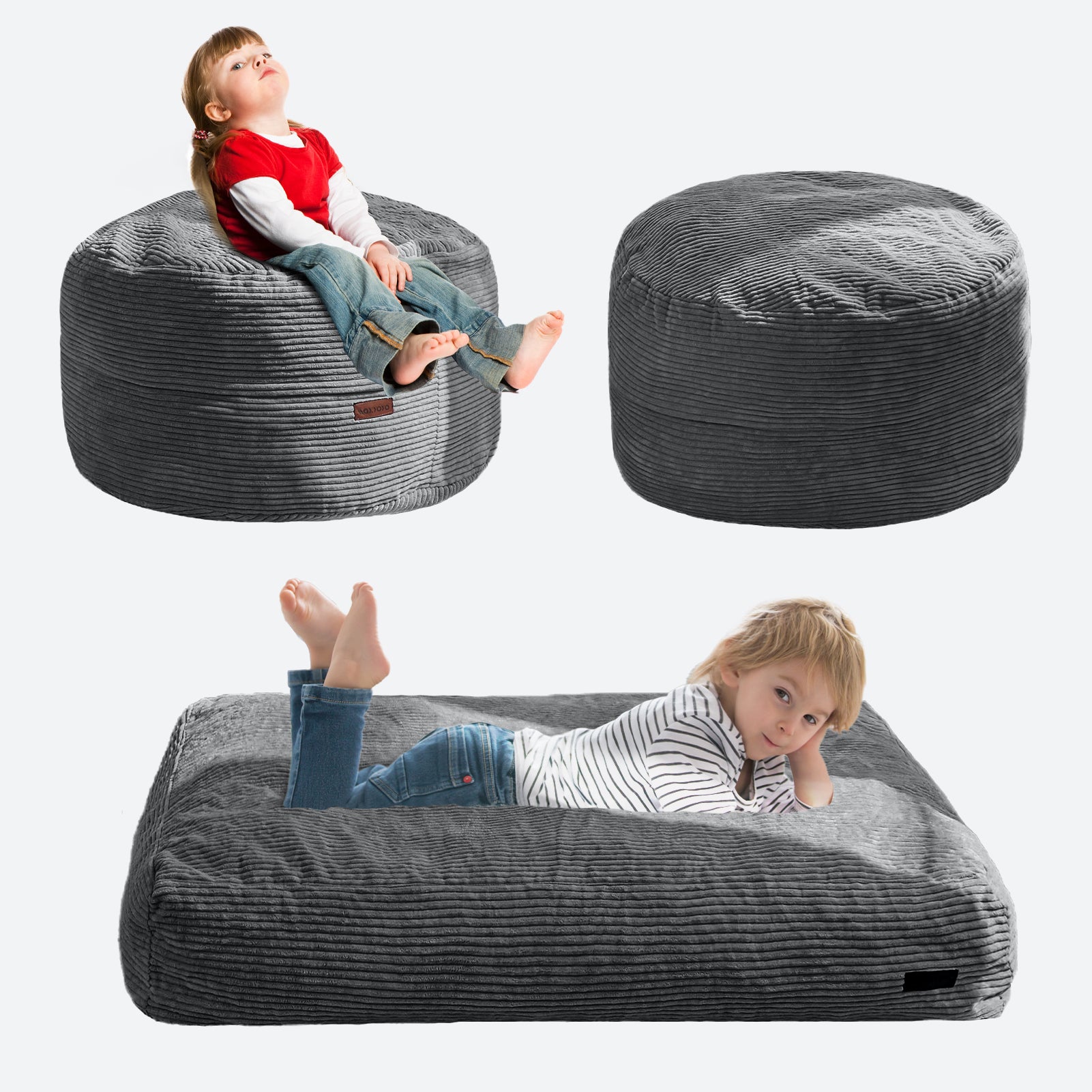 MAXYOYO Kids Corduroy Bean Bag Chair - Convertible to Floor Mattress, Dark Grey - Perfect for Playrooms, Bedrooms & Lounging